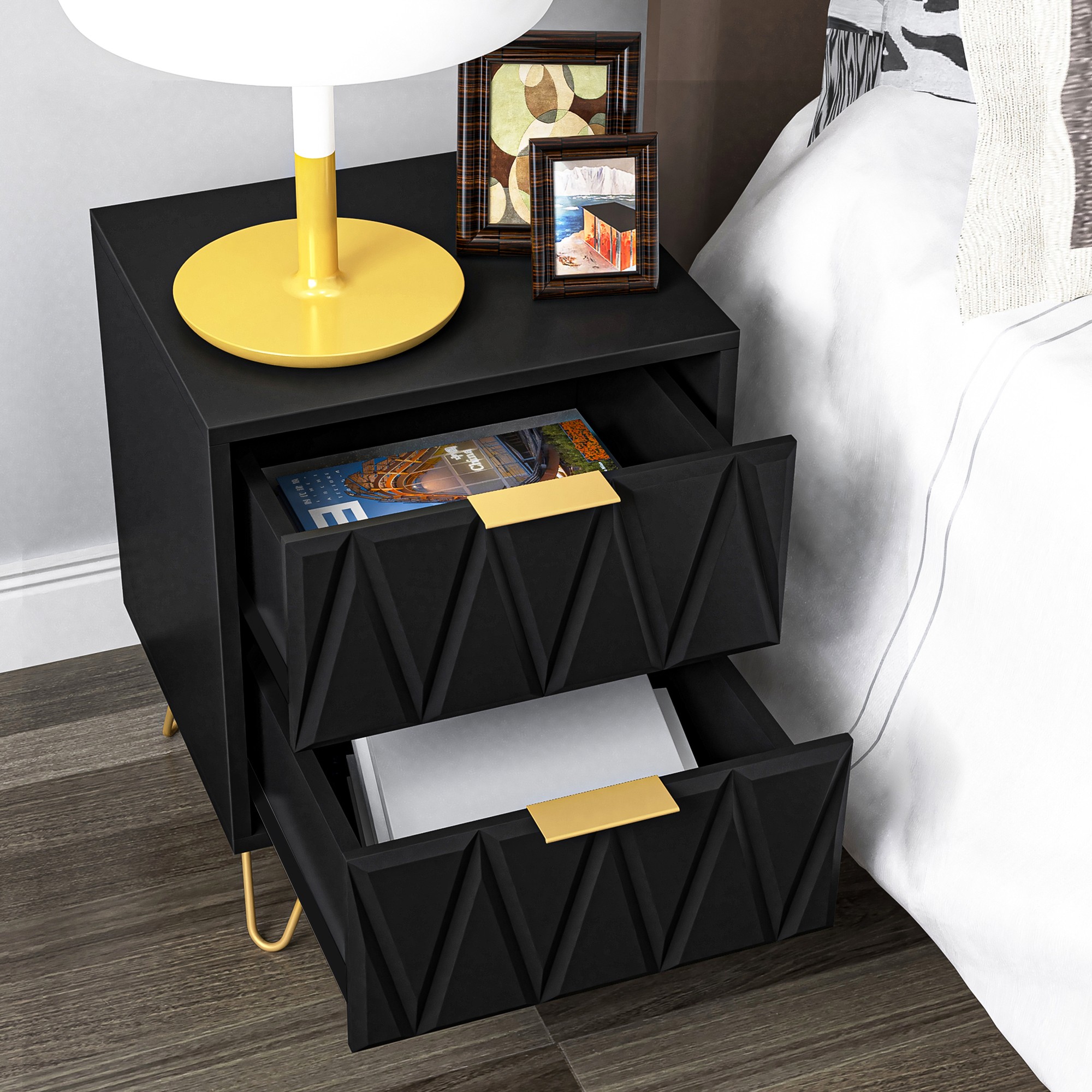 Finihen Nightstand Set of 2, End Table with 2 Drawers, Dual Night Stand with Metal Legs, 21" Tall for Bedroom Living Room, Black