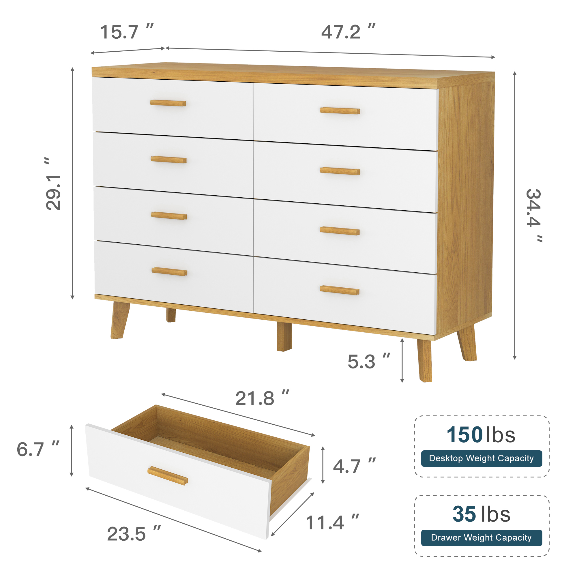 Finihen 8 Drawers Chest of Dressers, Wood Double Dresser Storage Cabinet with Handle Table Leg for Bedroom, Living Room and Hallway, Beige