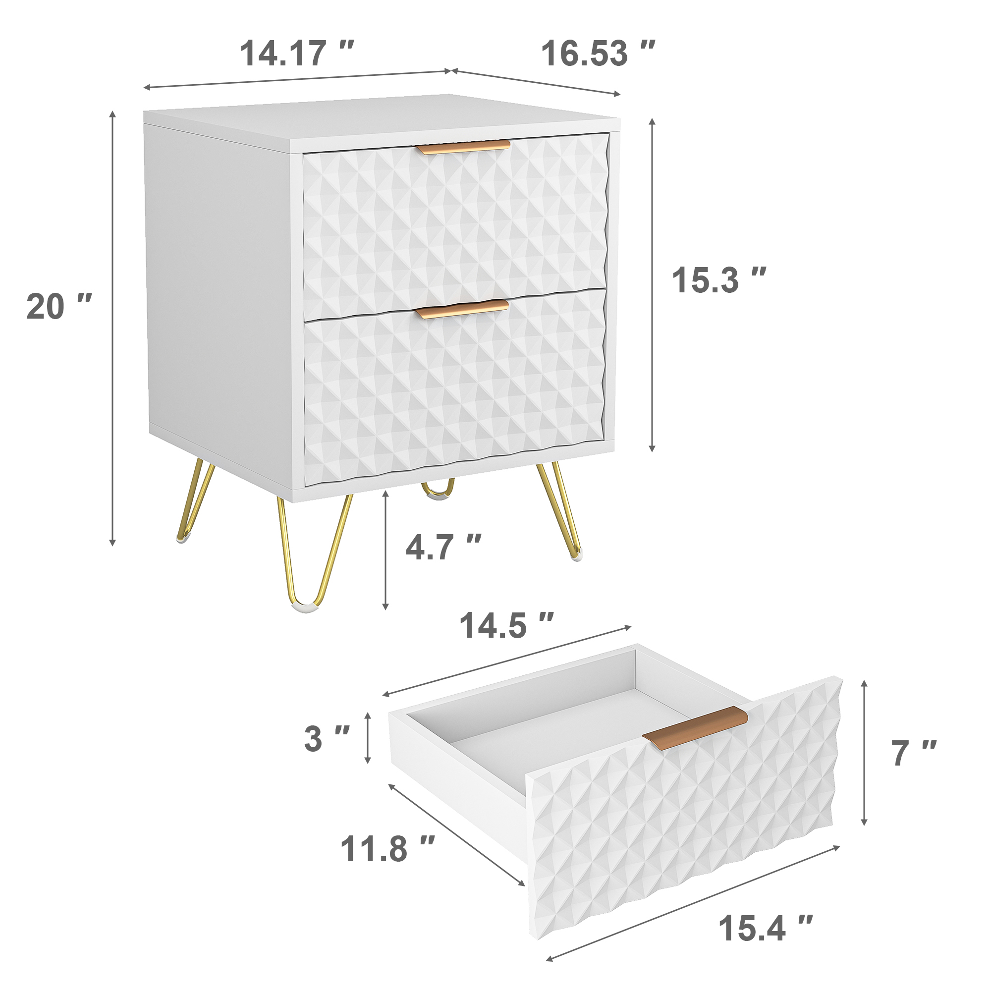 Finihen Carved Nightstand Single, Luxury Carving Board 2-Drawer Night Stand Bed Side Table with Metal Legs, for Bedroom Living Room, White