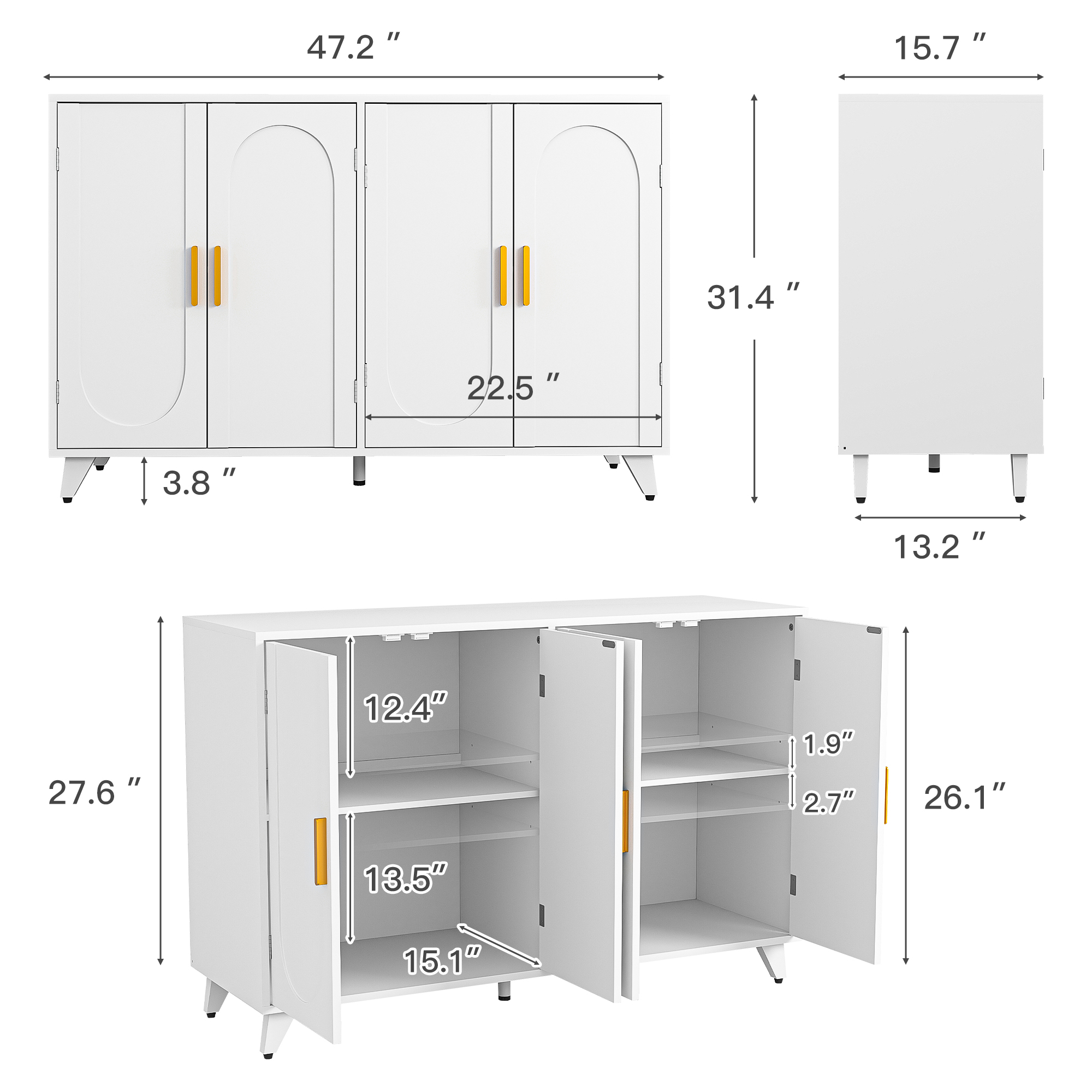 Finihen Sideboard Buffet Cabinet with 4 Doors, Removable Shelves, for Living room, Dining room, Entryway, White