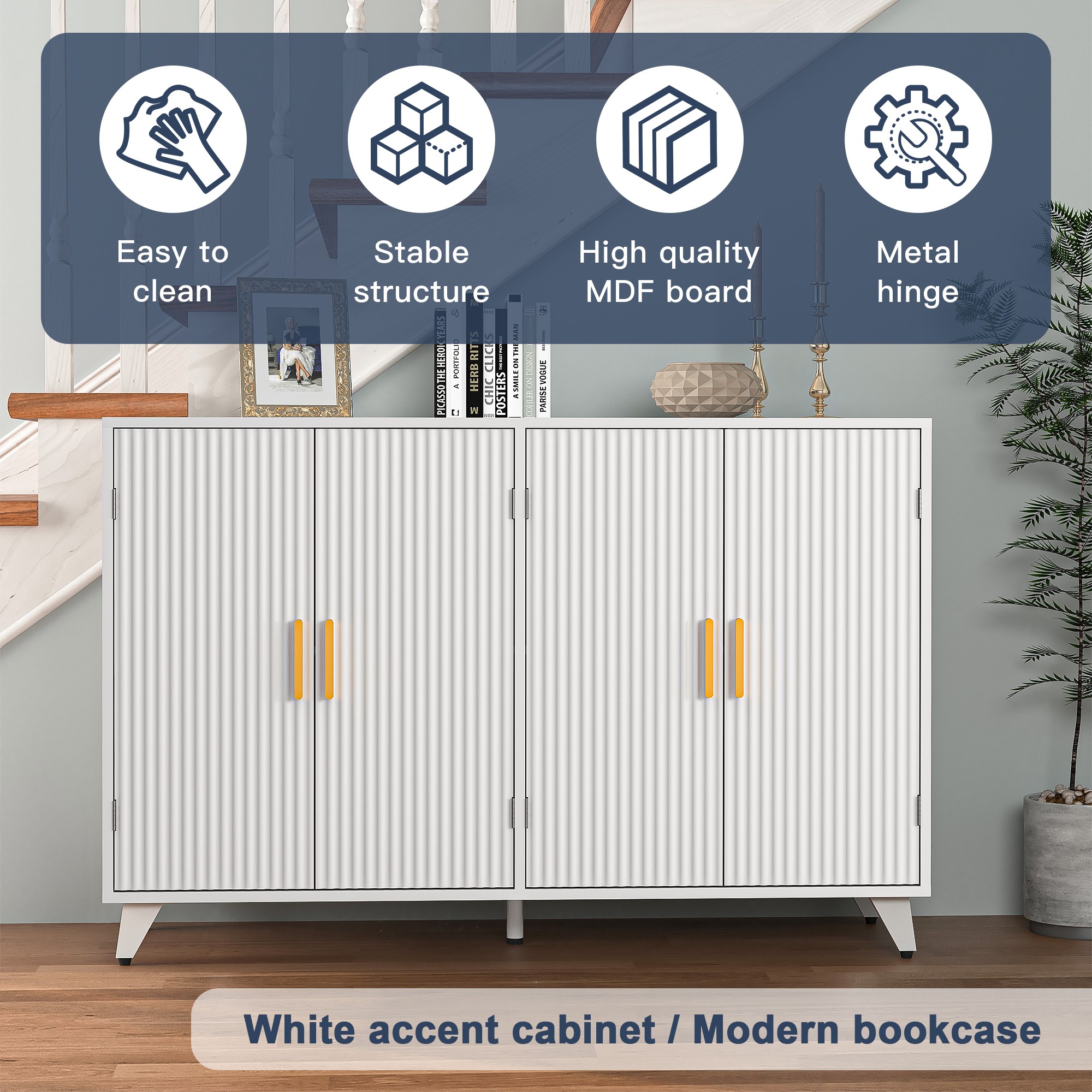 Finihen Sideboard Buffet Cabinet, Storage Cabinet with 4 Doors, for Dining Room, Living Room, Hallway, Entryway, White