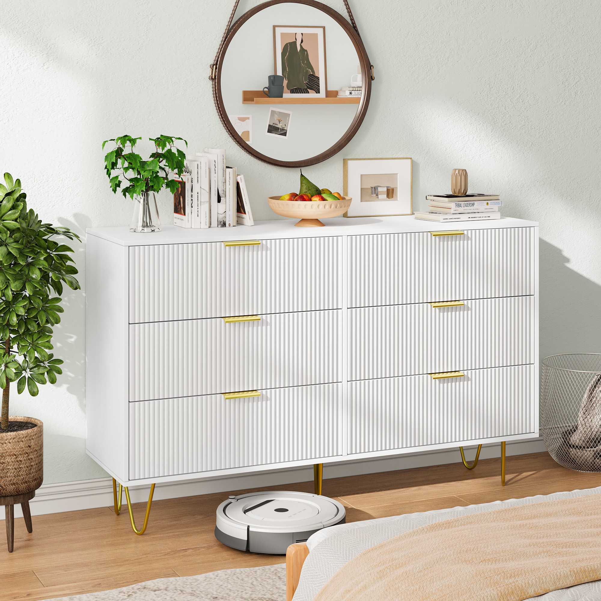 Finihen 6 Drawer Dresser, Small Size Wooden Drawers with Gold Handles, Chest Dresser with Deep Drawers, for Living Room, Bedroom, Hallway, Closet, White