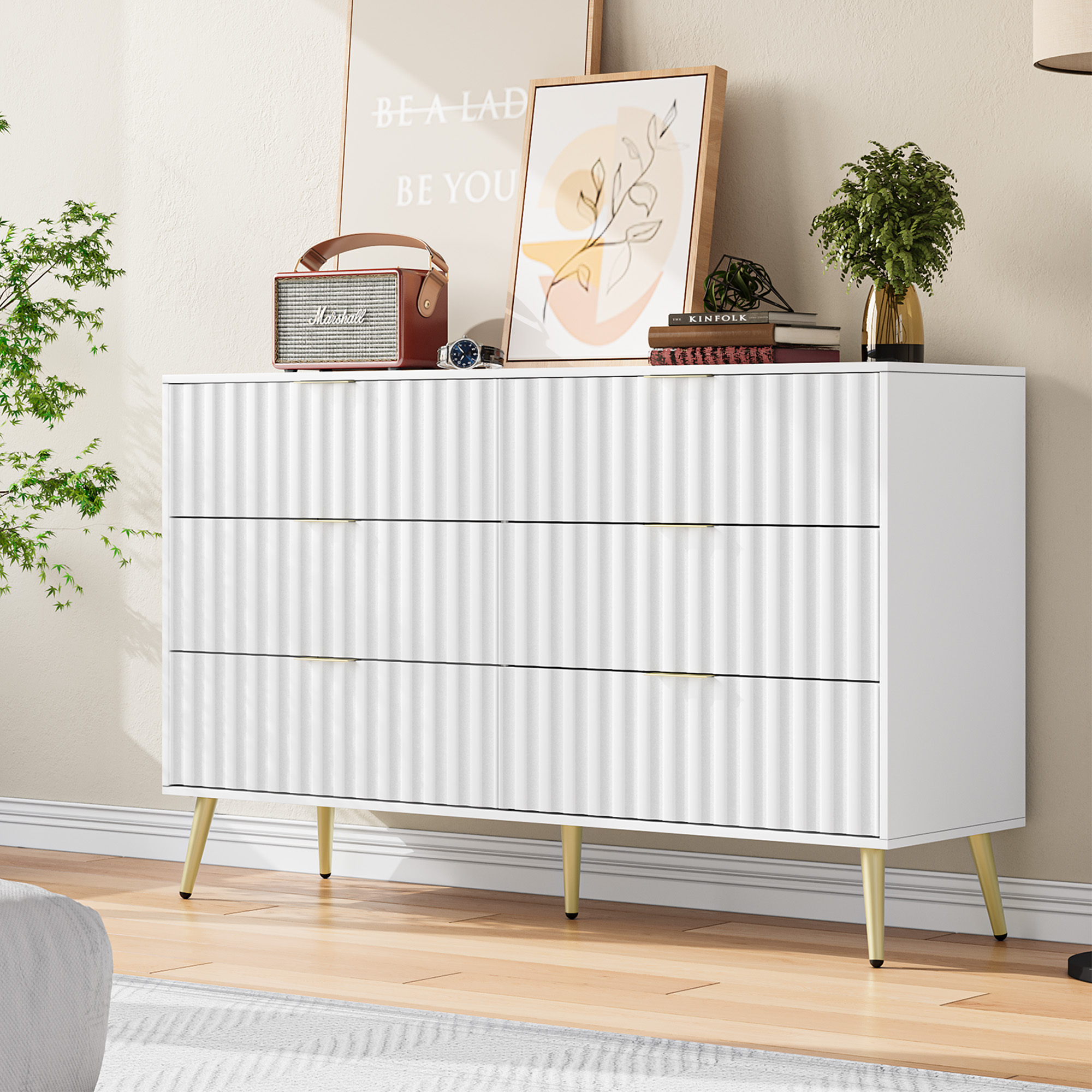 Finihen Modern 6 Drawer Dresser, Drawer Chest, Dresser Storage Cabinet, for Living Room, Bedroom, Hallway, Closet, White