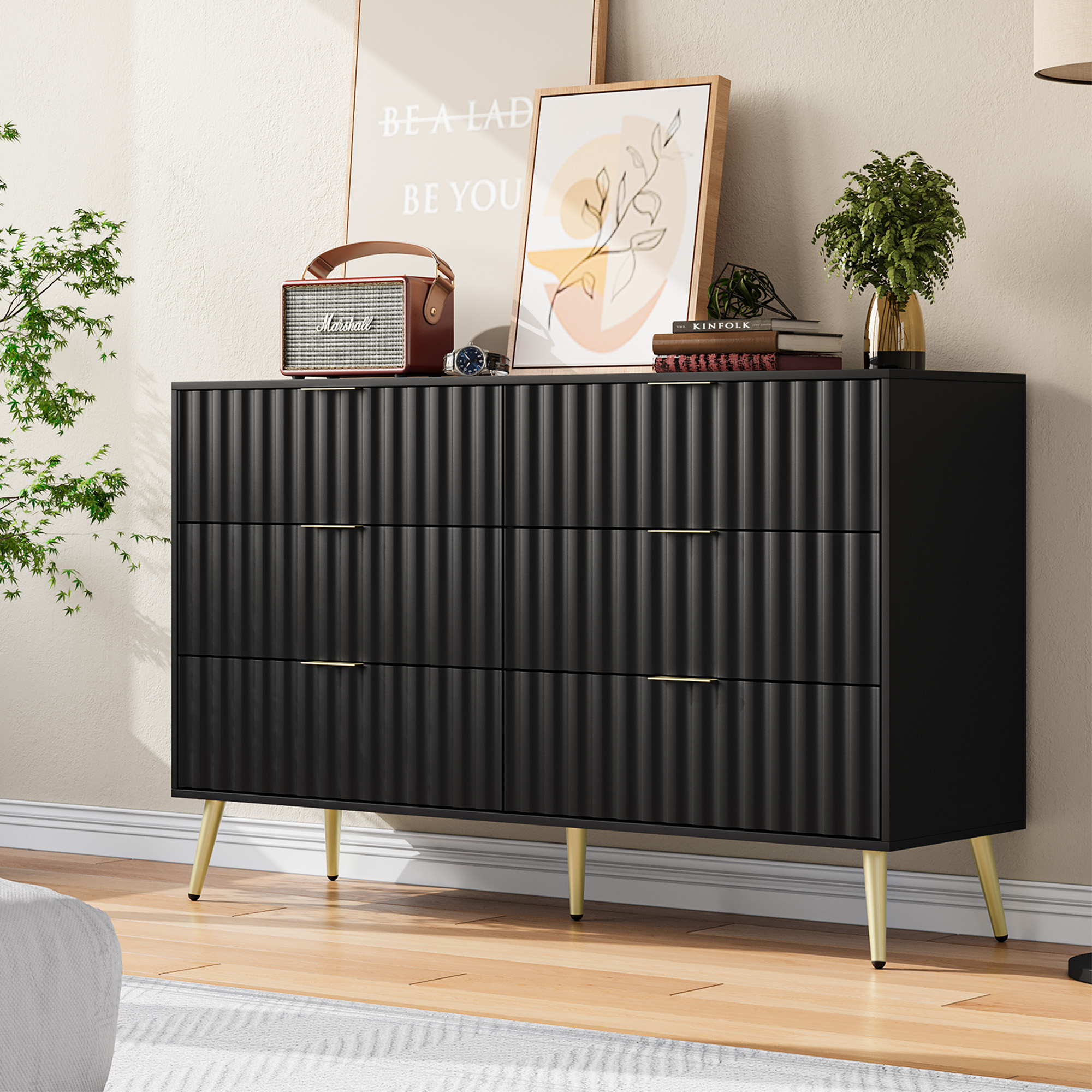 Finihen Modern 6 Drawer Dresser, Drawer Chest, Dresser Storage Cabinet, for Living Room, Bedroom, Hallway, Closet, Black