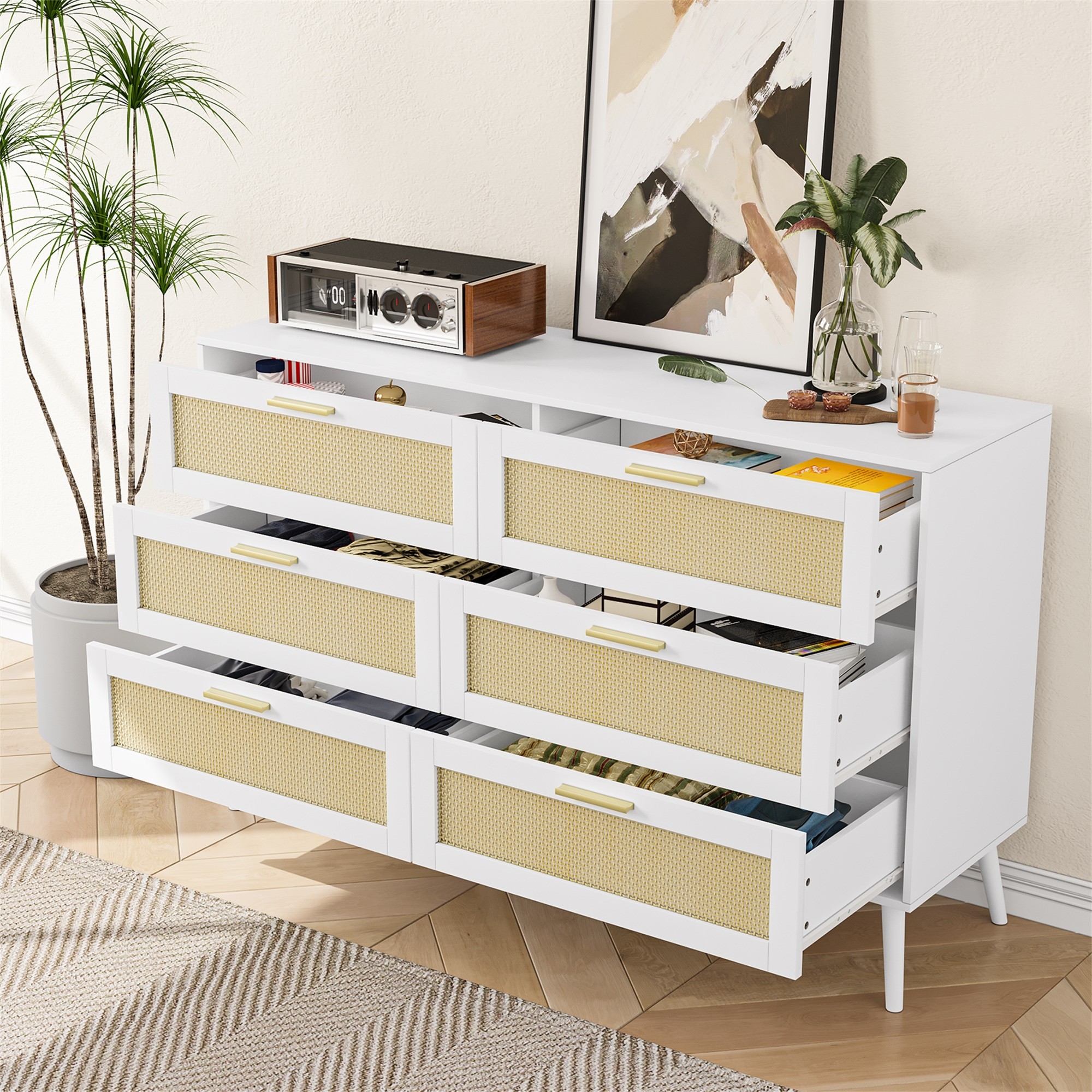 Finihen Rattan 6 Drawers Chest of Dressers, Modern 6 Drawer Dresser, Wide Chest of Drawers with wood Handles, Rattan Dresser Storage Cabinet, for Living Room, Bedroom, Hallway, White