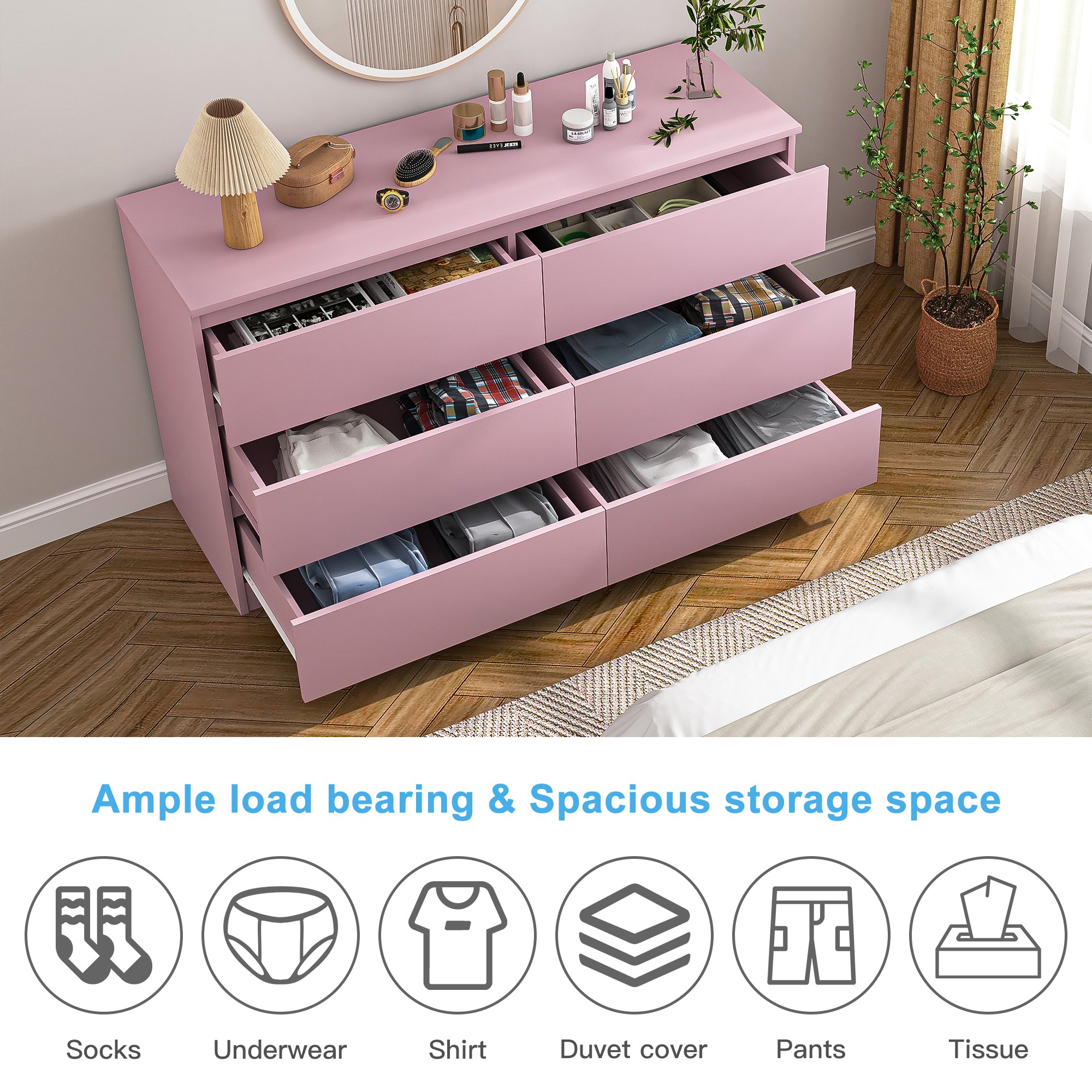 Finihen 6 Drawer Double Dresser, Modern 6 Chest of Drawers with Deep Drawers, Wide Storage Organizer Cabinet for Living Room, Kids, Pink