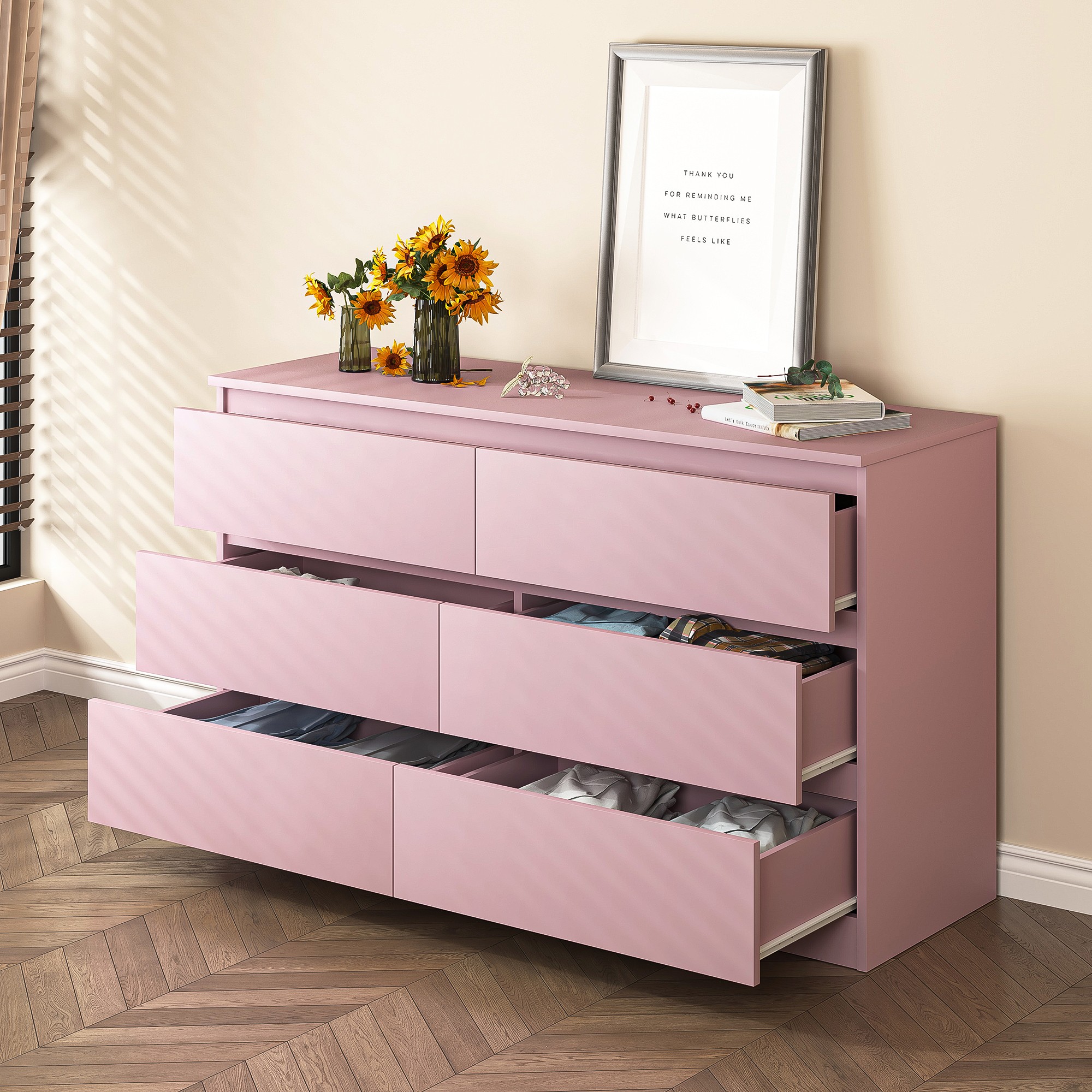 Finihen 6 Drawer Double Dresser, Modern 6 Chest of Drawers with Deep Drawers, Wide Storage Organizer Cabinet for Living Room, Kids, Pink