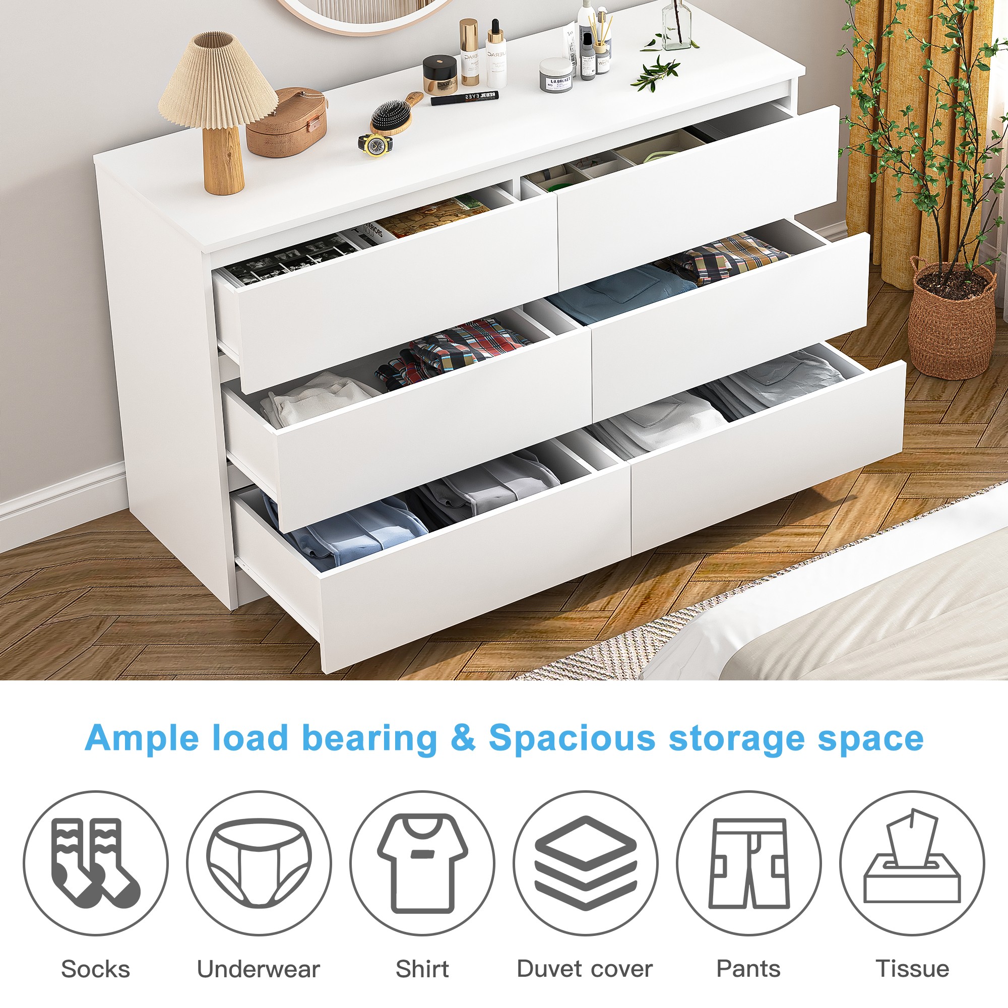 Finihen 6 Drawer Double Dresser, Modern 6 Chest of Drawers with Deep Drawers, Wide Storage Organizer Cabinet for Living Room, Kids, White