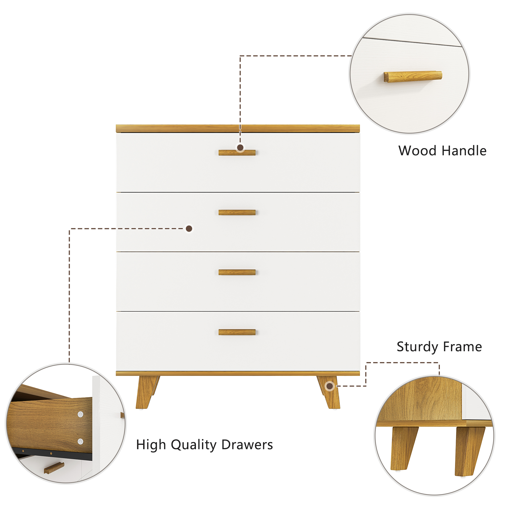 Finihen 4 Drawers Chest of Dressers, Wood Storage Cabinet with Handle Table Leg for Bedroom, Living Room and Hallway, Beige