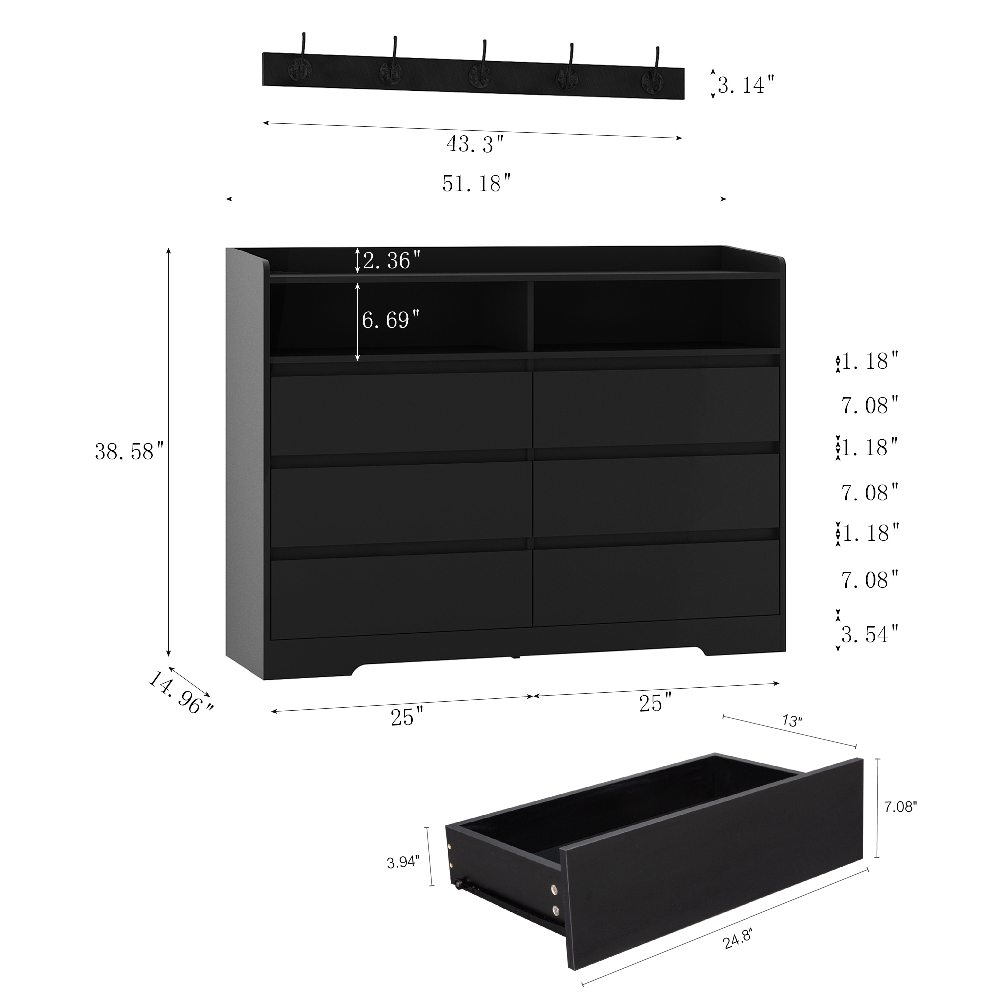 Finihen 6 Drawer Dresser, Modern Chest of Drawers with Led Lights, Wooden Dresser for Bedroom with Sturdy Frame for Living Room, Entryway, Hallway, Black-L