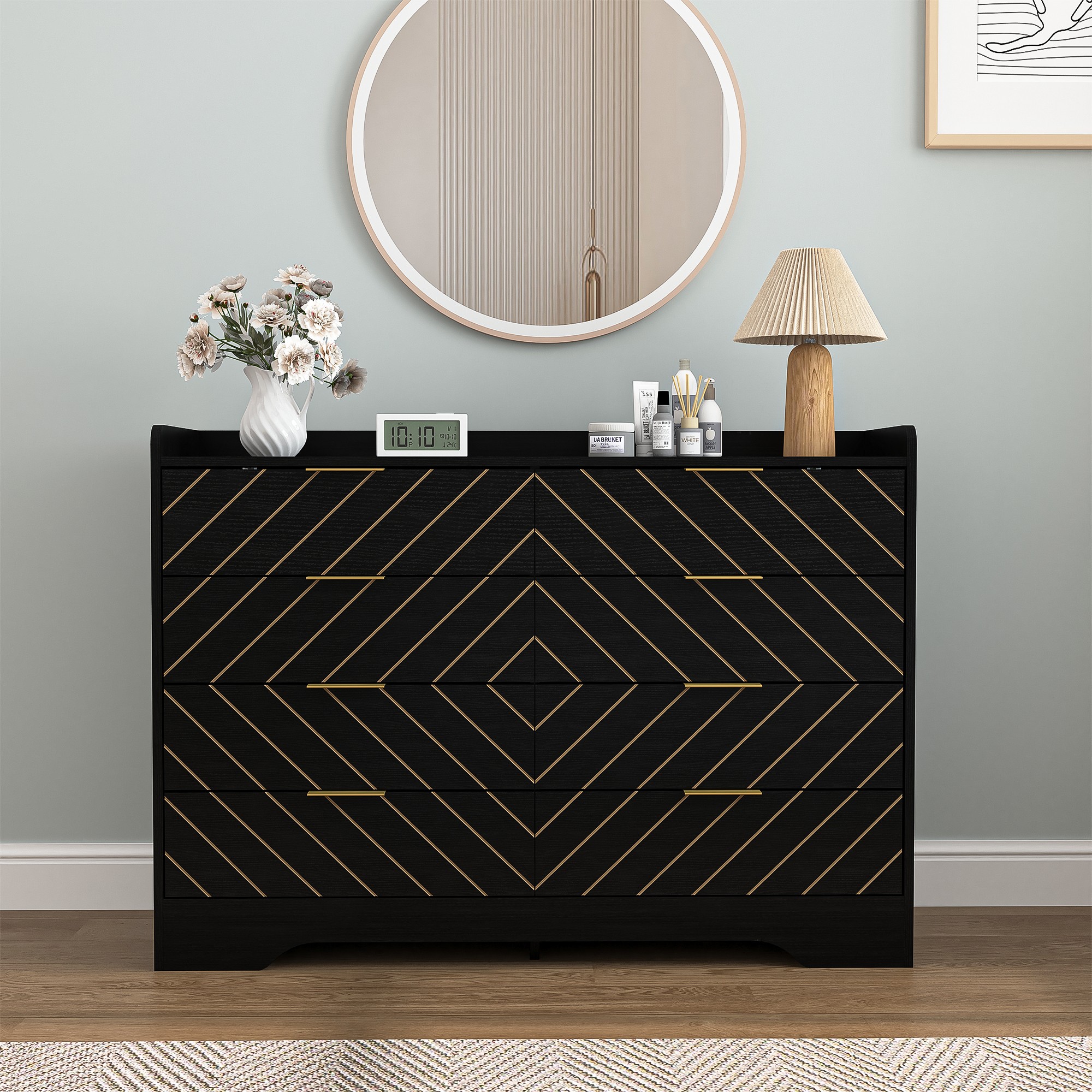 Finihen Modern 8 Drawer Dresser, Wood Chest of Drawers Storage Organizer with Metal Gold Handles for Bedroom, Living Room, Hallway, Entryway, Black