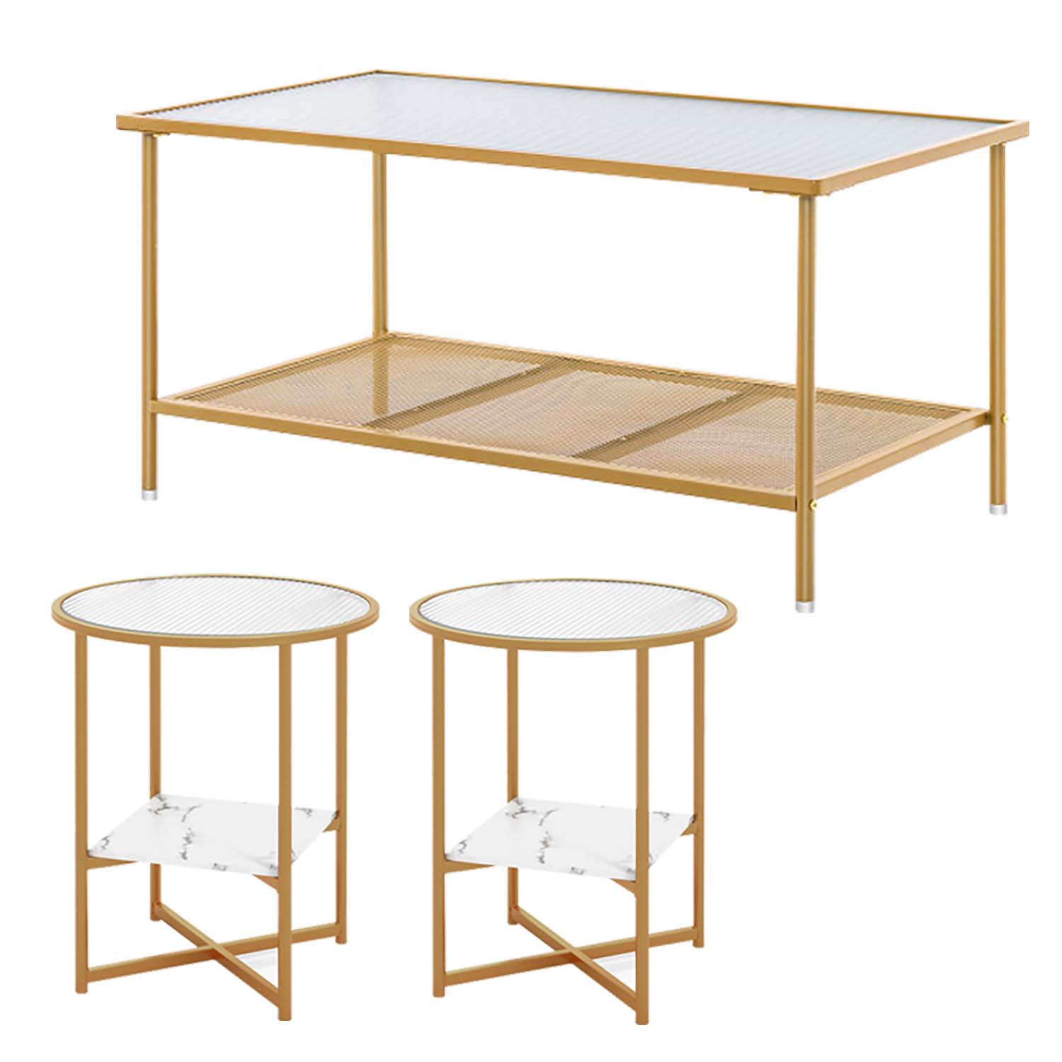 Finihen 3-Piece Coffee Table Set, 2-Tier Coffee Table with Tempered Glass Top & Glass End Table Set of 2 with Faux Marble Storage Shelf, for Living Room, Gold