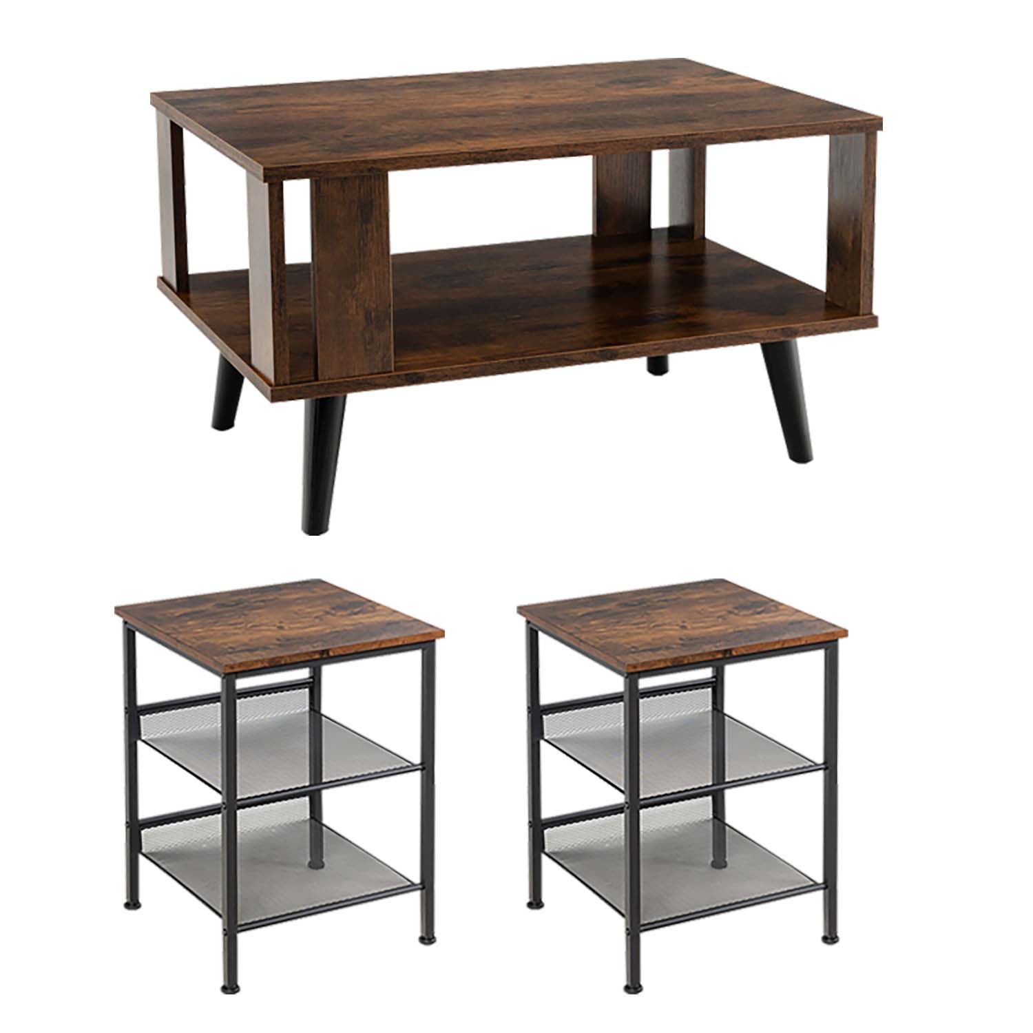 Finihen 3-Piece Industrial Coffee Table Set, Compact Mid-Century Coffee Table & 3-Tier Industrial End Table with Mesh Shelves and Adjustable Shelves, for Living Room, Brown