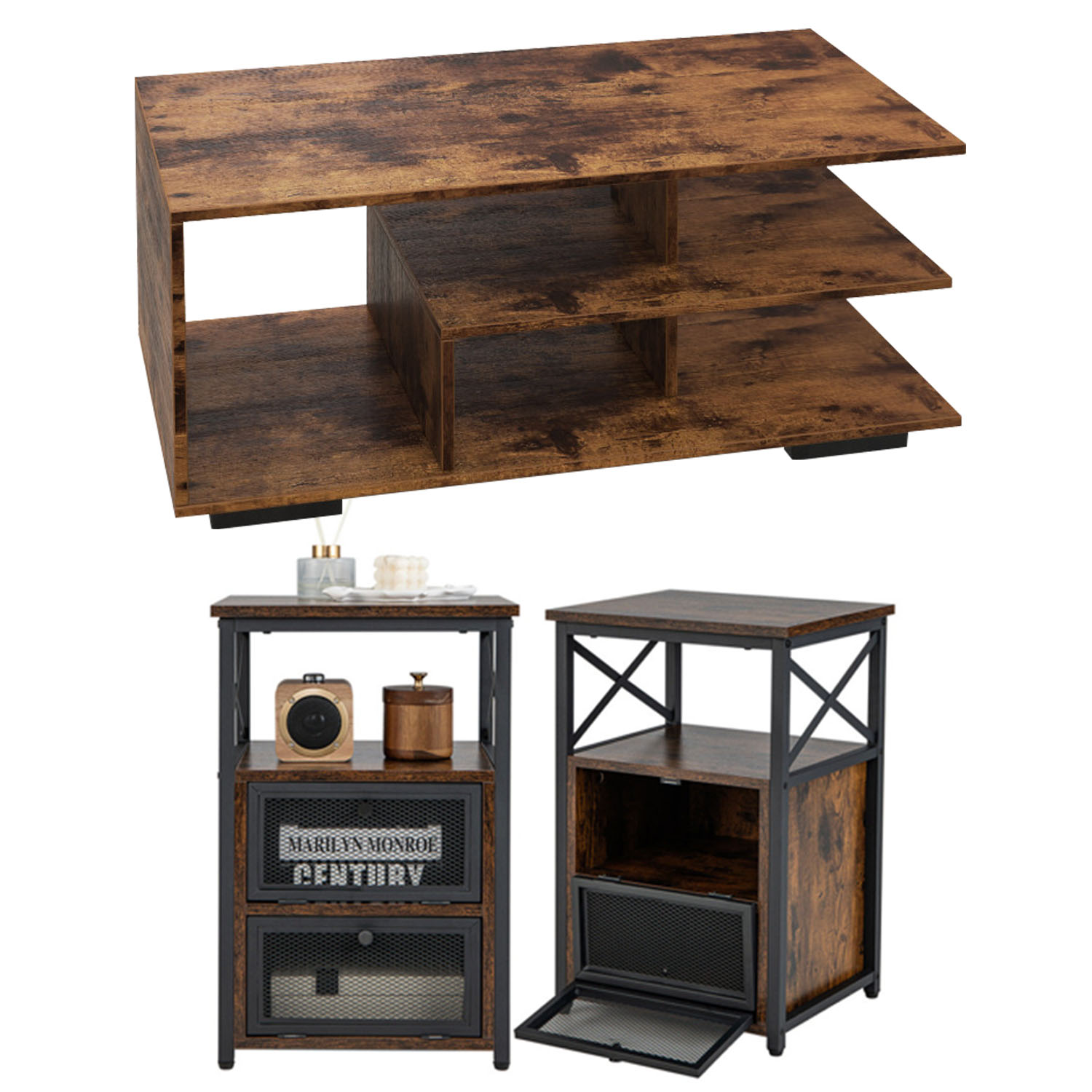 Finihen 3-Piece Industrial Coffee Table Set, Rectangular Coffee Table with L-shaped Middle Shelf & 2 Modern Nightstands with 2 Flip Drawers and Open Shelf, for Living Room, Brown