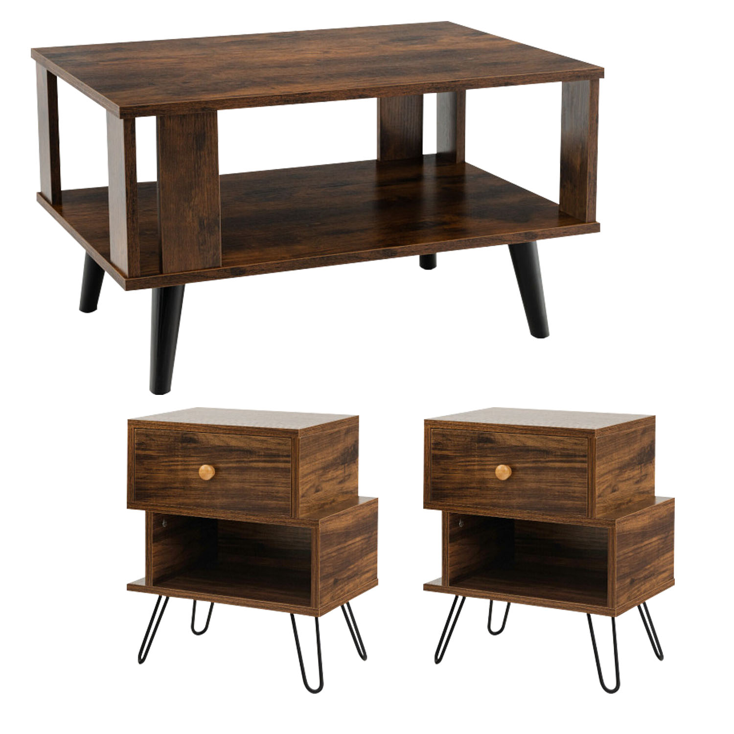 Finihen 3-Piece Coffee Table Set, Compact Retro Mid-Century Coffee Table & 2 Irregular 2-Tier Wooden Nightstands with Elevated Metal Feet, for Living Room, Brown