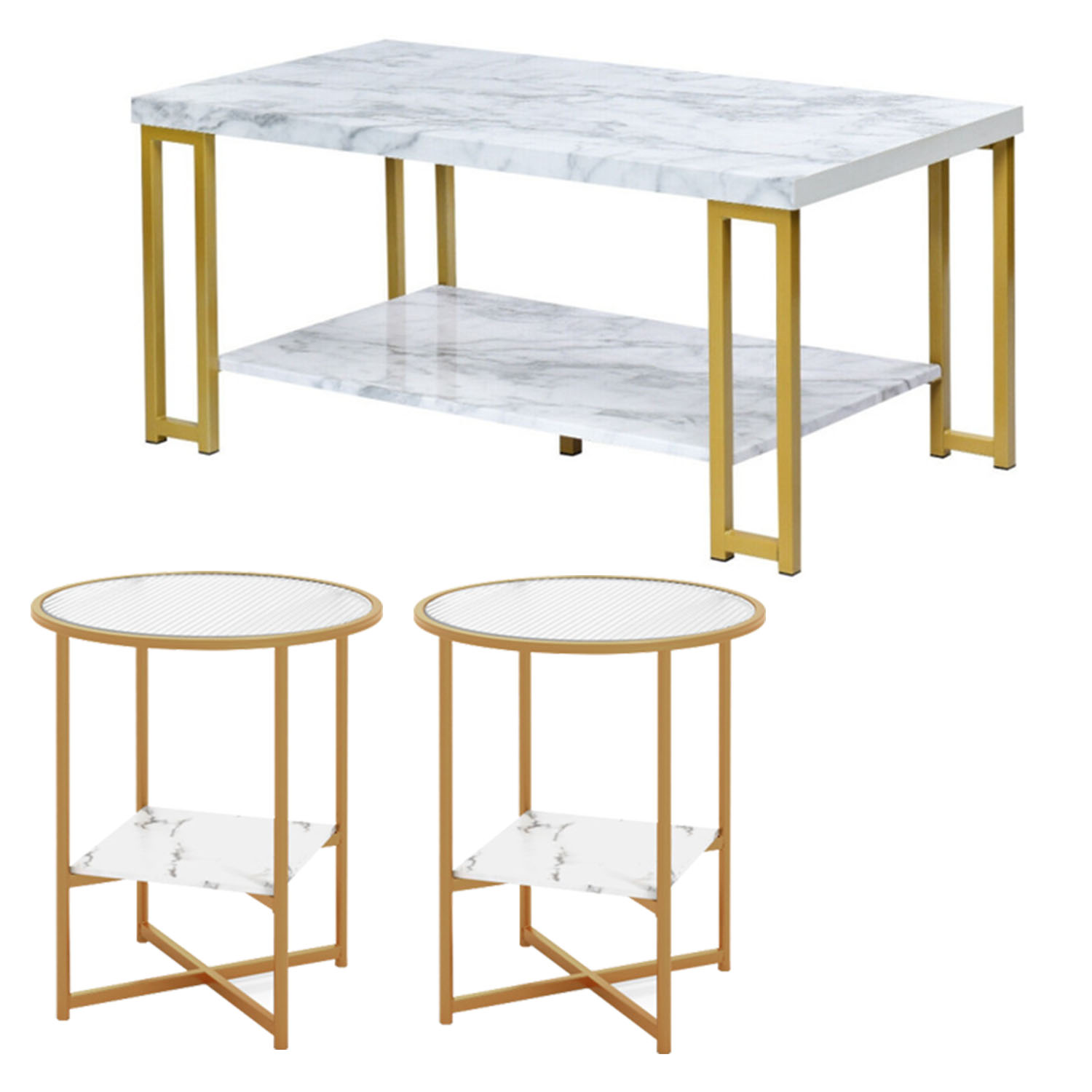 Finihen 3-Piece Coffee Table Set, Rectangular Modern Coffee Table with Gold Print Metal Frame & 2-Tier Glass End Table Set of 2 with Faux Marble Storage Shelf, for Living Room, White