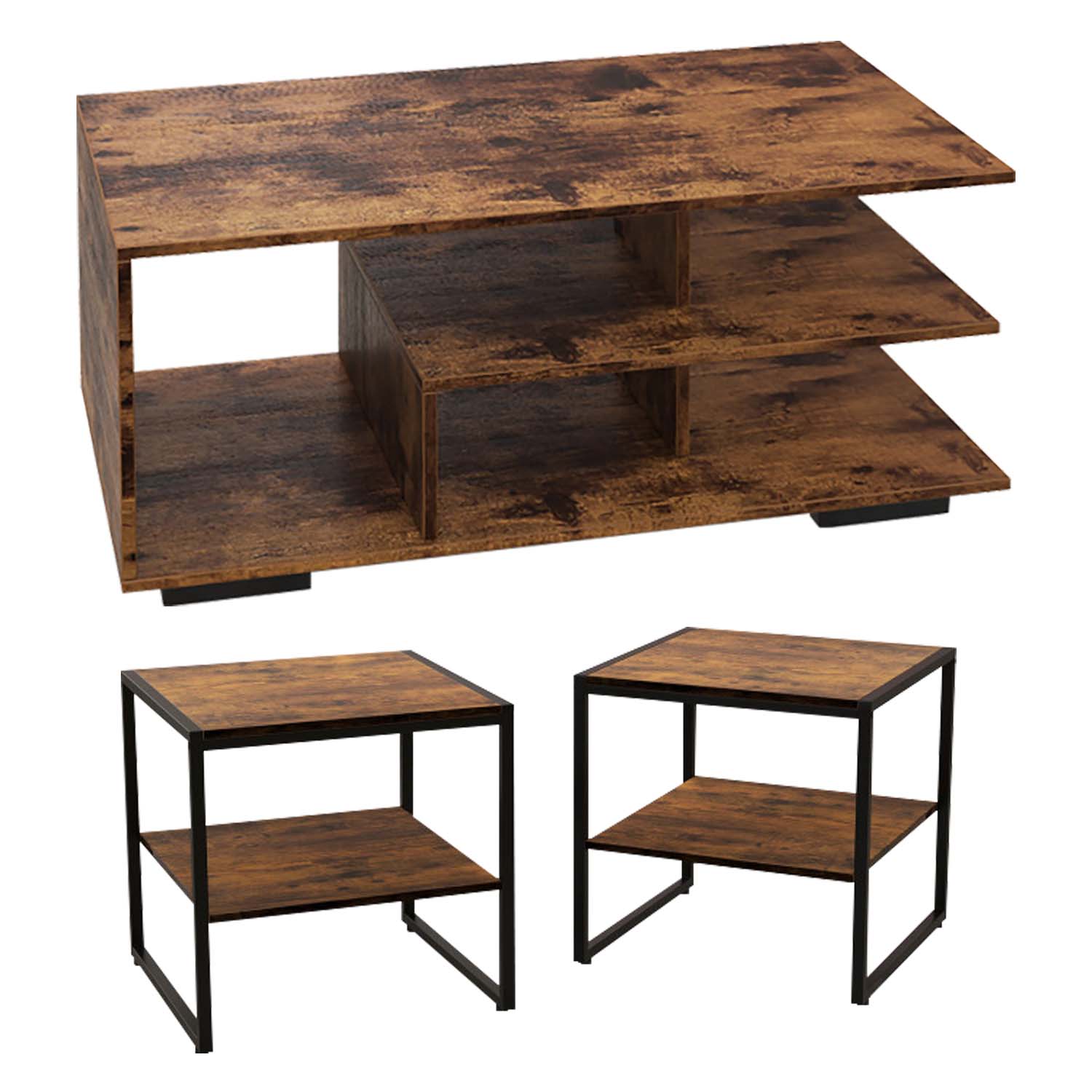 Finihen 3-Piece Industrial Coffee Table Set, Rectangular Coffee Table with L-shaped Middle Shelf & 2 Industrial 2-Tier Side Tables with Open Shelf, for Living Room, Brown