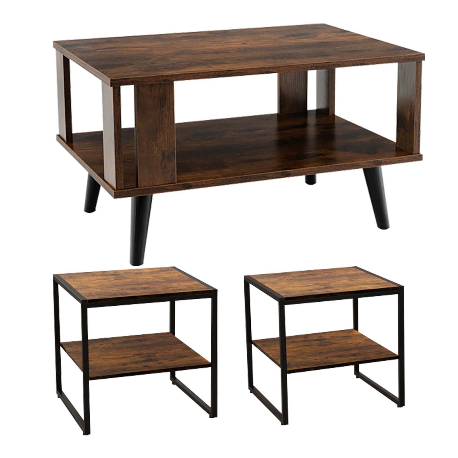 Finihen 3-Piece Industrial Coffee Table Set, Compact Mid-Century Coffee Table with Storage Open Shelf & 2 Industrial 2-Tier Side Tables with Open Shelf, for Living Room, Brown