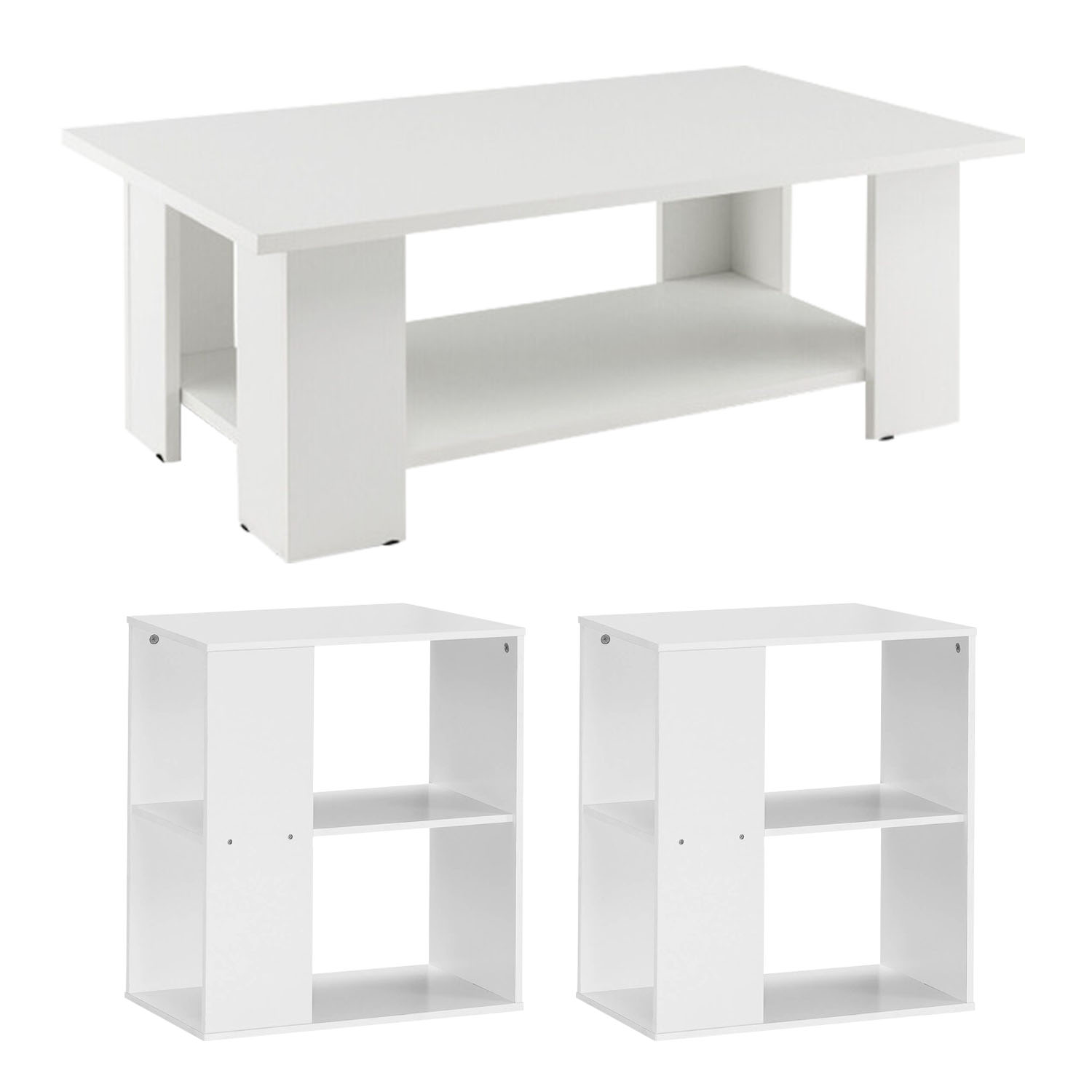 Finihen 3-Piece Coffee Table Set, Large 36 Inch 2-tier Wooden Modern Coffee Table with Storage Shelf & Set of 2 End Table with Open Storage and Foot Pads, for Living Room, White