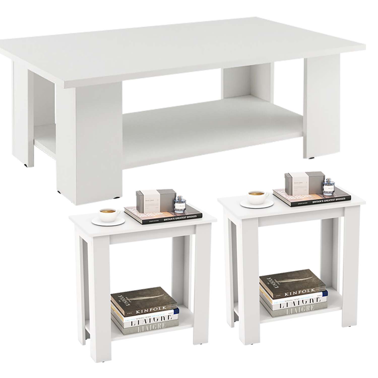 Finihen 3-Piece Coffee Table Set, Large 36 Inch 2-tier Wooden Modern Coffee Table with Storage Shelf & Set of 2 Modern Compact End Table with Storage Shelf, for Living Room, White