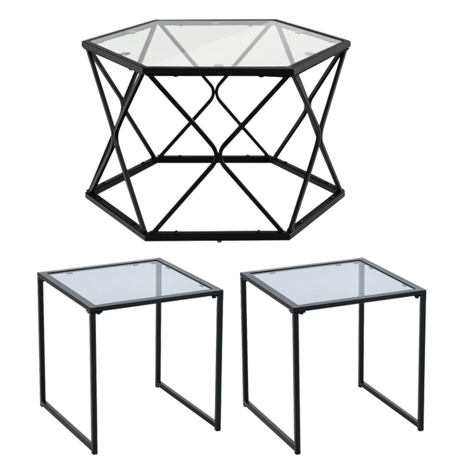 Finihen 3-Piece Coffee Table Set, Modern Accent Geometric Glass Coffee Table & Tempered Glass Side Table with Metal Frame, for Indoor and Outdoor, Black