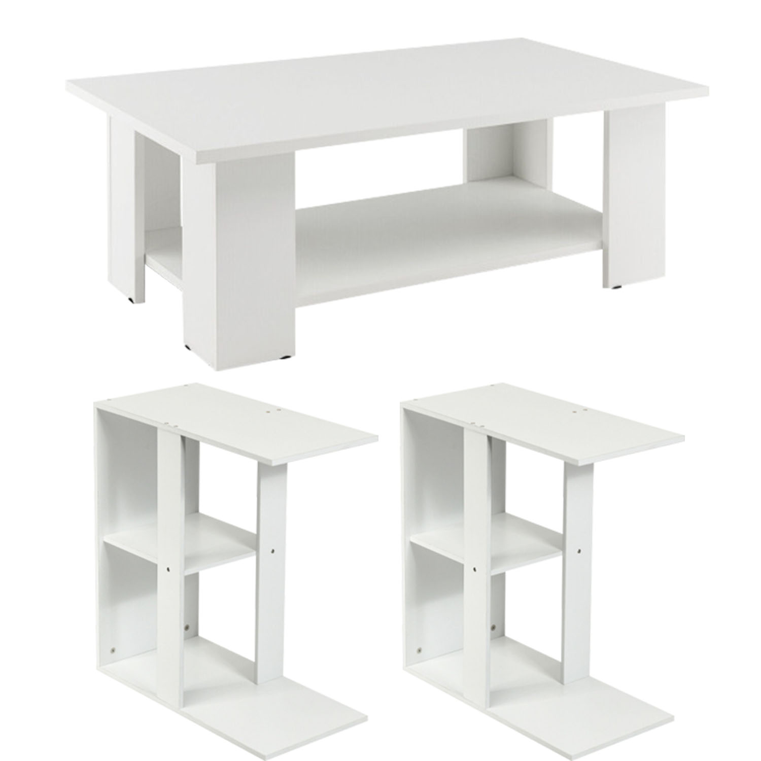 Finihen 3-Piece Coffee Table Set, Large 36 Inch 2-tier Wooden Modern Coffee Table with Storage Shelf & Set of 2 Narrow Side Table with Storage Shelf, for Living Room, White