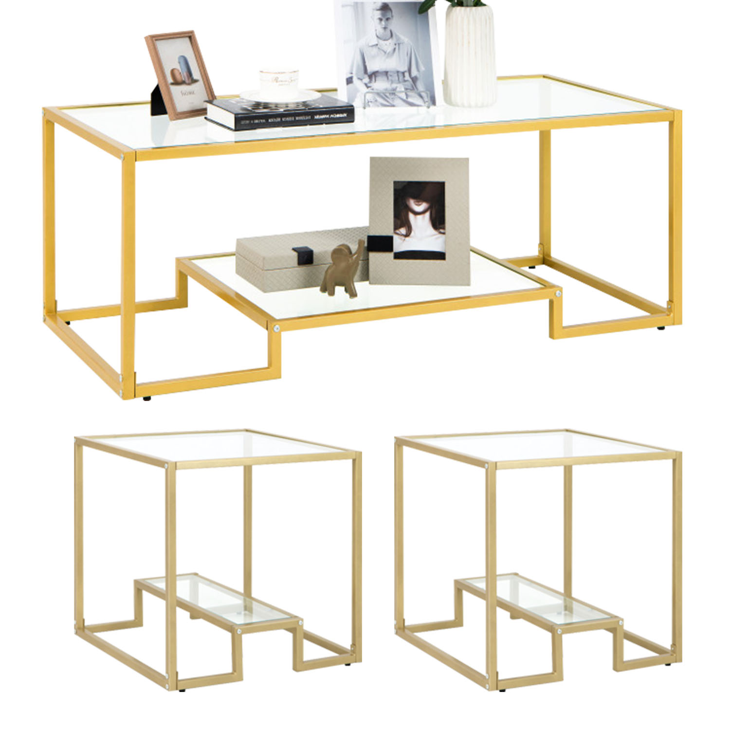 Finihen 3-Piece Coffee Table Set, Modern 2-Tier Rectangular Coffee Table with Glass Table Top & Set of 2 Square Sofa Side Table with Tempered Glass Tabletop, for Living Room, Gold