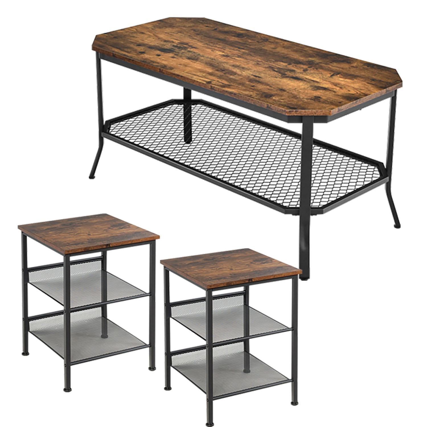 Finihen 3-Piece Industrial Coffee Table Set, 2-Tier Coffee Table with Open Mesh Storage Shelf & 3-Tier End Table with Adjustable and Mesh Shelves, for Living Room, Brown