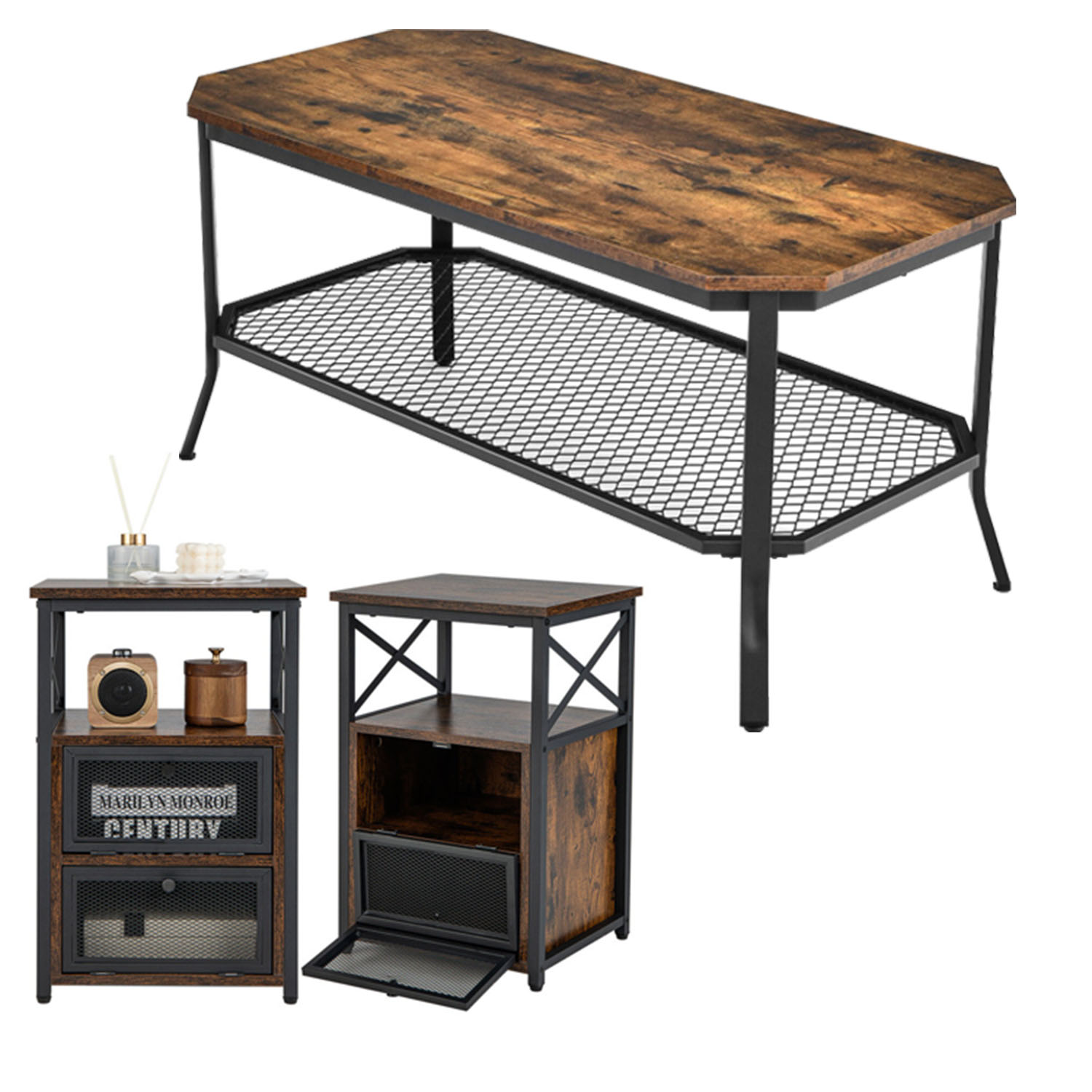 Finihen 3-Piece Industrial Coffee Table Set, 2-Tier Coffee Table with Open Mesh Storage Shelf & 2 Modern Nightstands with Flip Drawers and Open Shelves, for Living Room, Brown