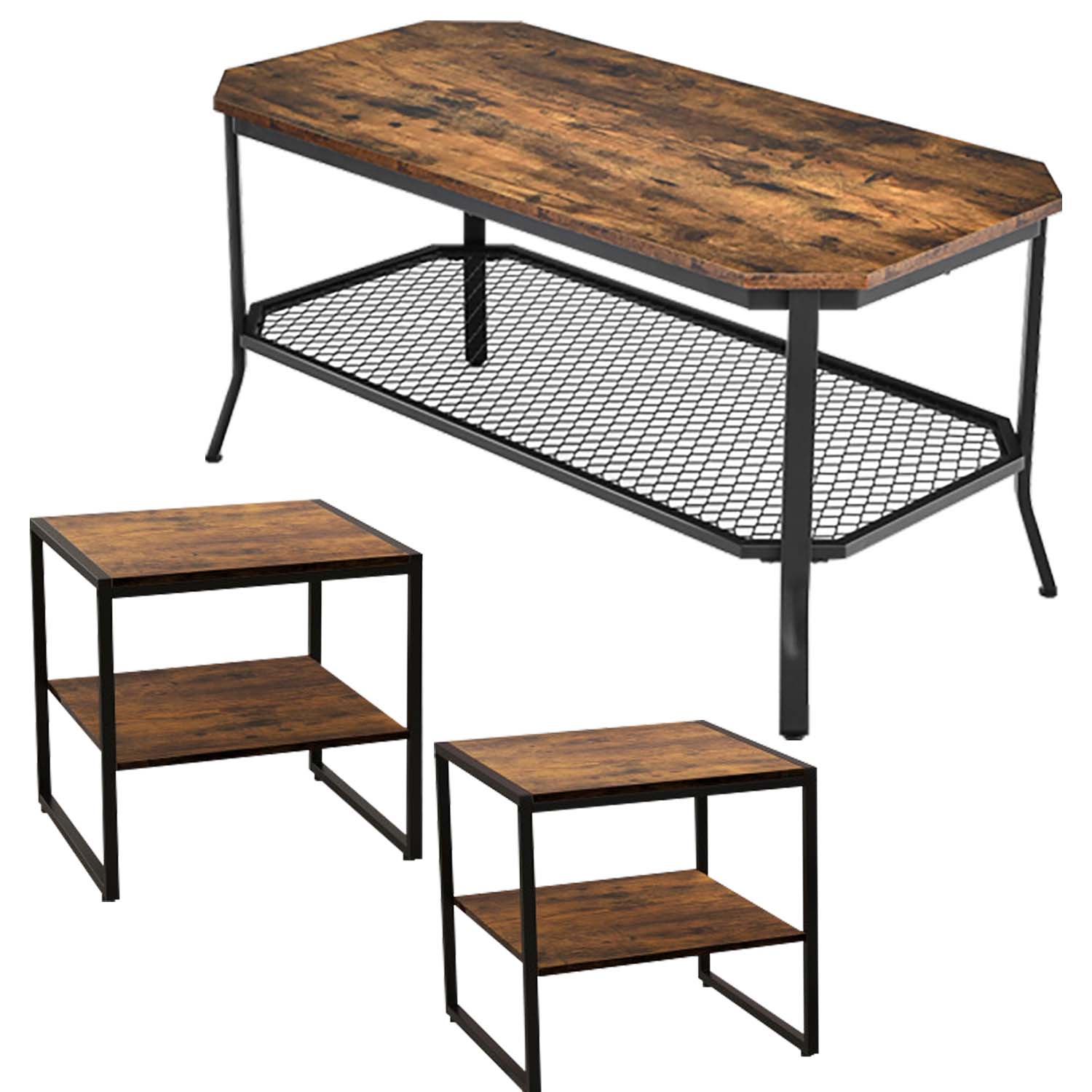 Finihen 3-Piece Industrial Coffee Table Set, Industrial Coffee Table with Open Mesh Storage Shelf & 2 Pieces Industrial 2-Tier Side Table Set with Open Shelf, for Living Room, Brown