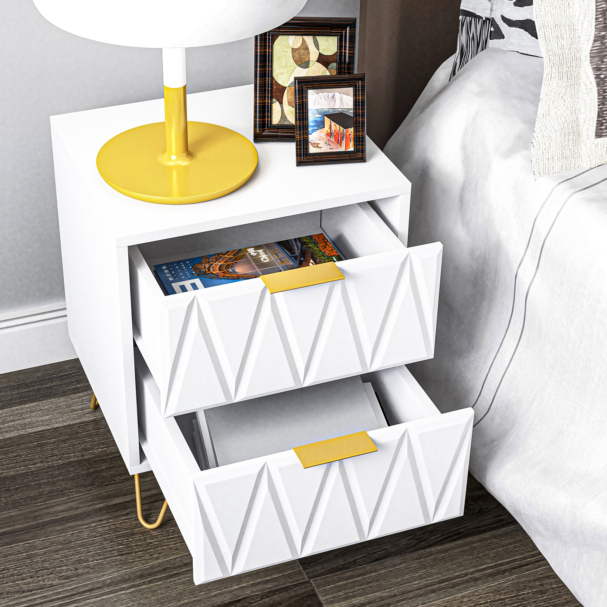 Finihen 21" Tall Nightstand with 2 Drawers, End Table Dual Night Stand with Metal Legs for Bedroom Living Room, White