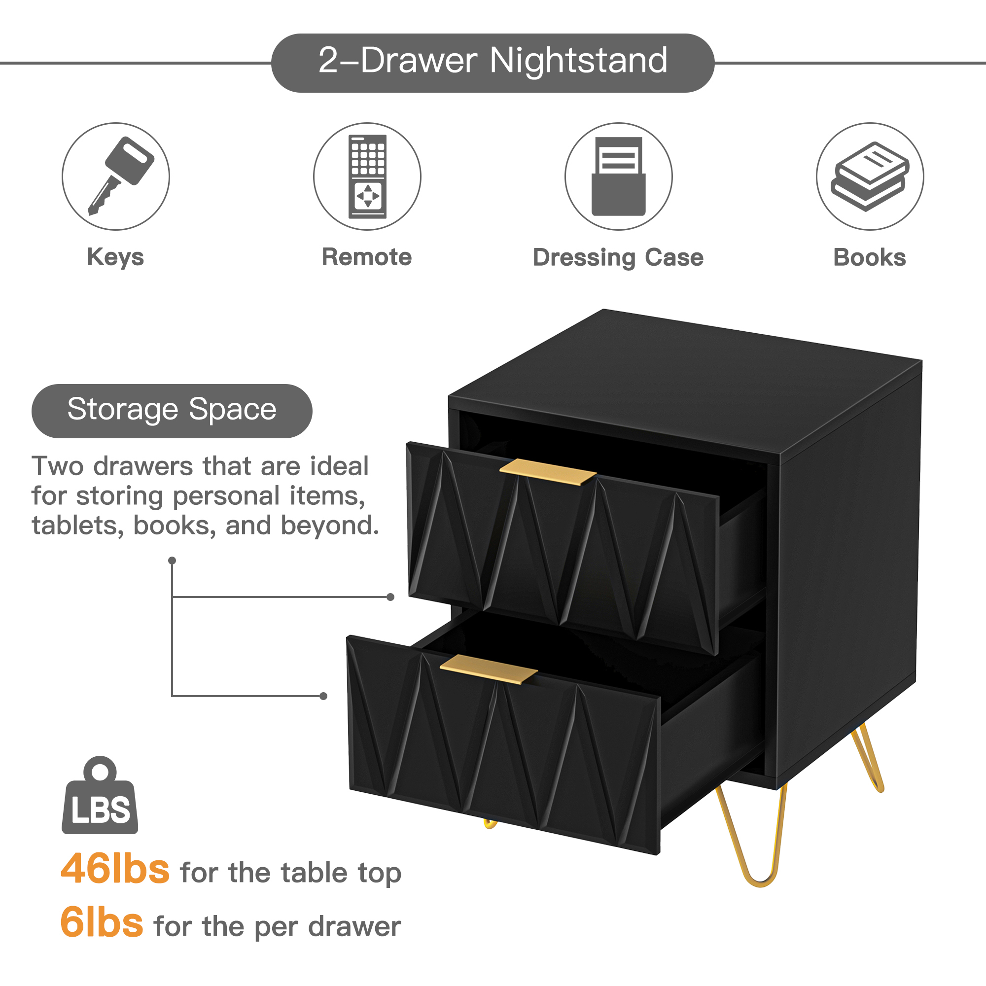 Finihen Nightstand Set of 2, End Table with 2 Drawers, Dual Night Stand with Metal Legs, 21" Tall for Bedroom Living Room, Black