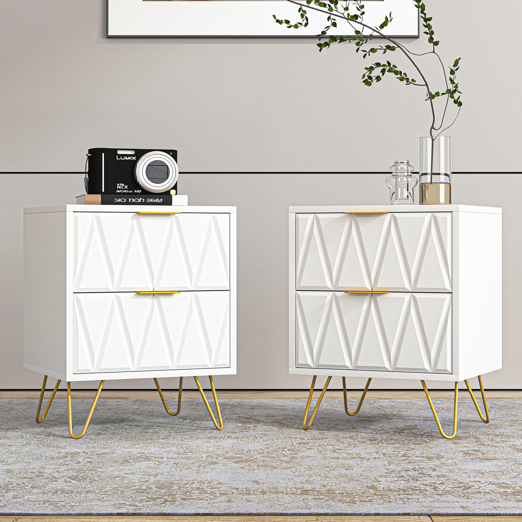 Finihen Nightstand Set of 2, End Table with 2 Drawers, Dual Night Stand with Metal Legs, 21" Tall for Bedroom Living Room, White