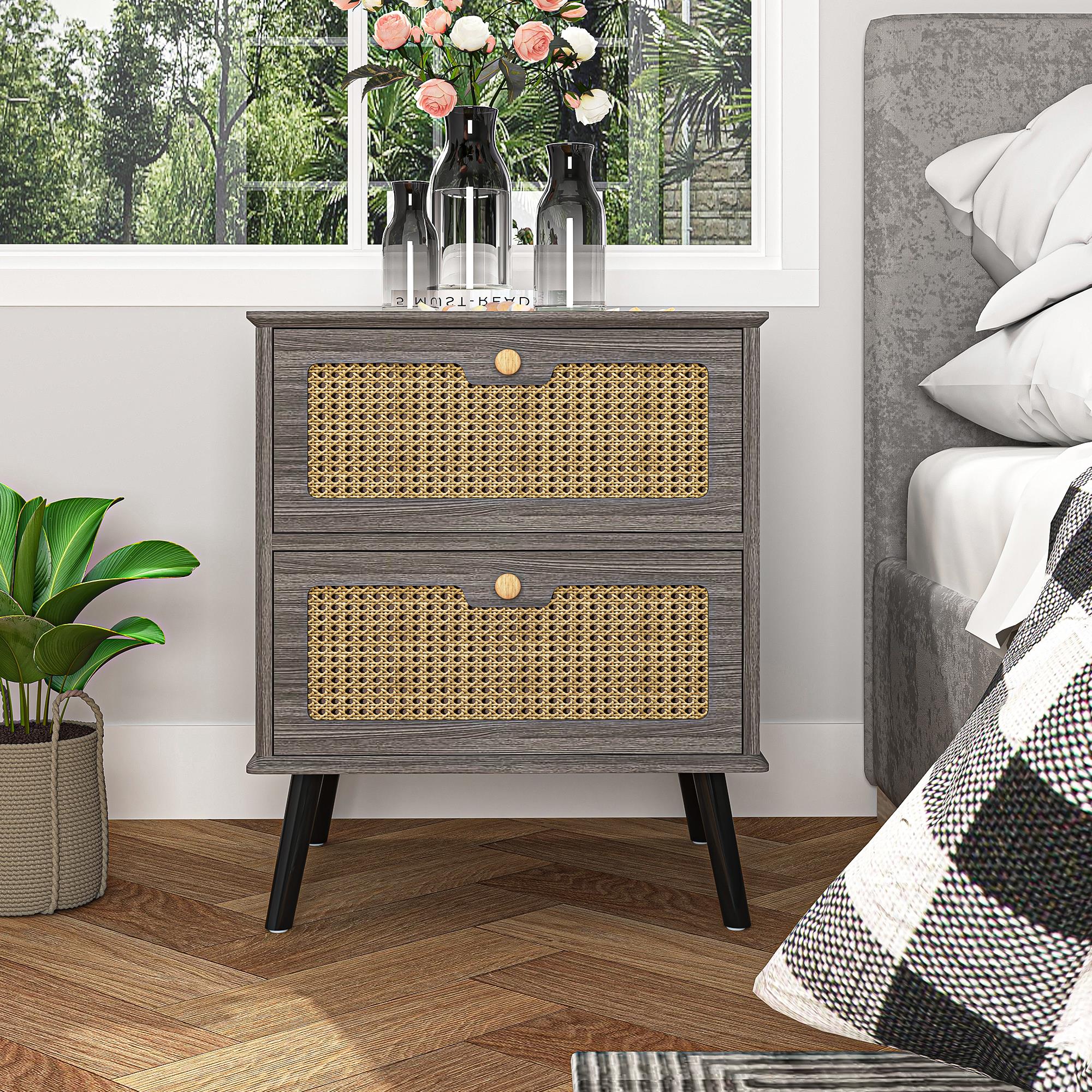 Finihen Nightstand, End Table, Side Table with 2 Hand Made Rattan Decorated Drawers, Wood Accent Table with Storage for Bedroom, Gray