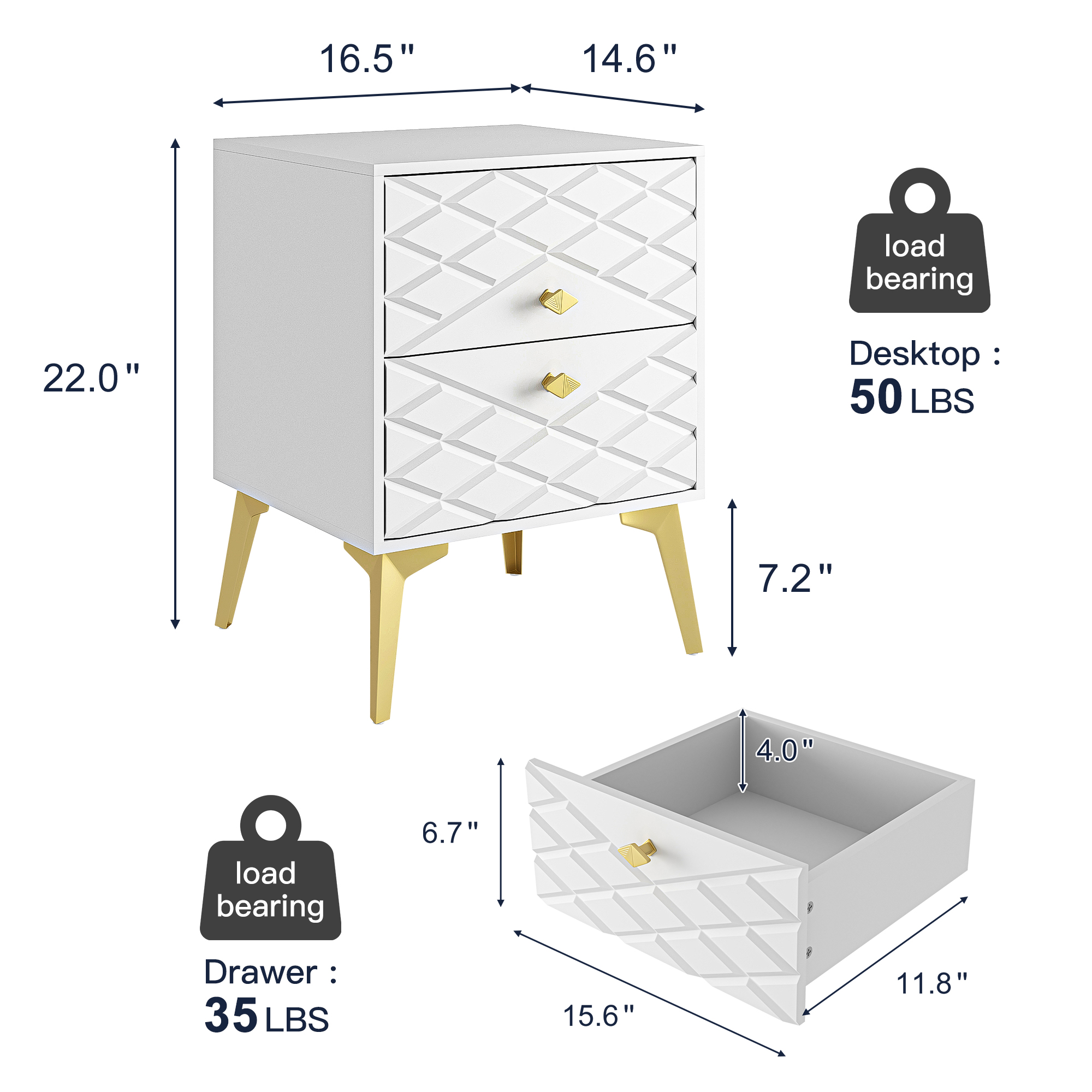 Finihen Carved Nightstand Set of 2, End Table with 2 Drawers, Dual Night Stand with Metal Legs, 21" Tall for Bedroom Living Room, White