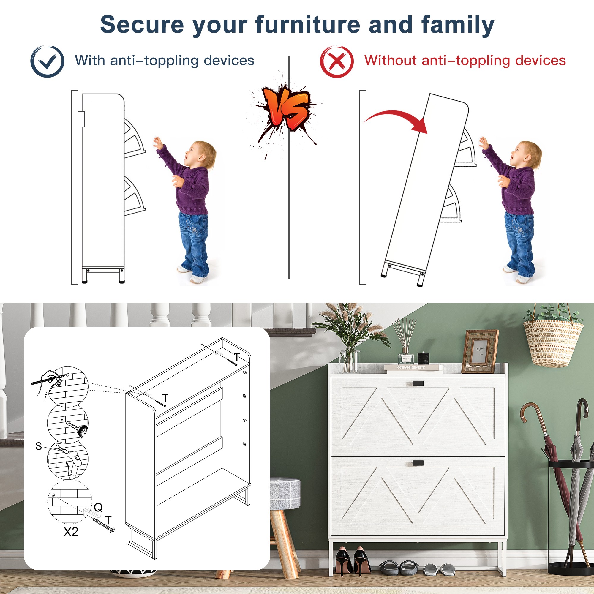 Finihen Shoe Storage Cabinet with 2 Flip Drawers, Freestanding Organizer with Metal Legs for Entryway, Narrow Shoe Rack Cabinet, White