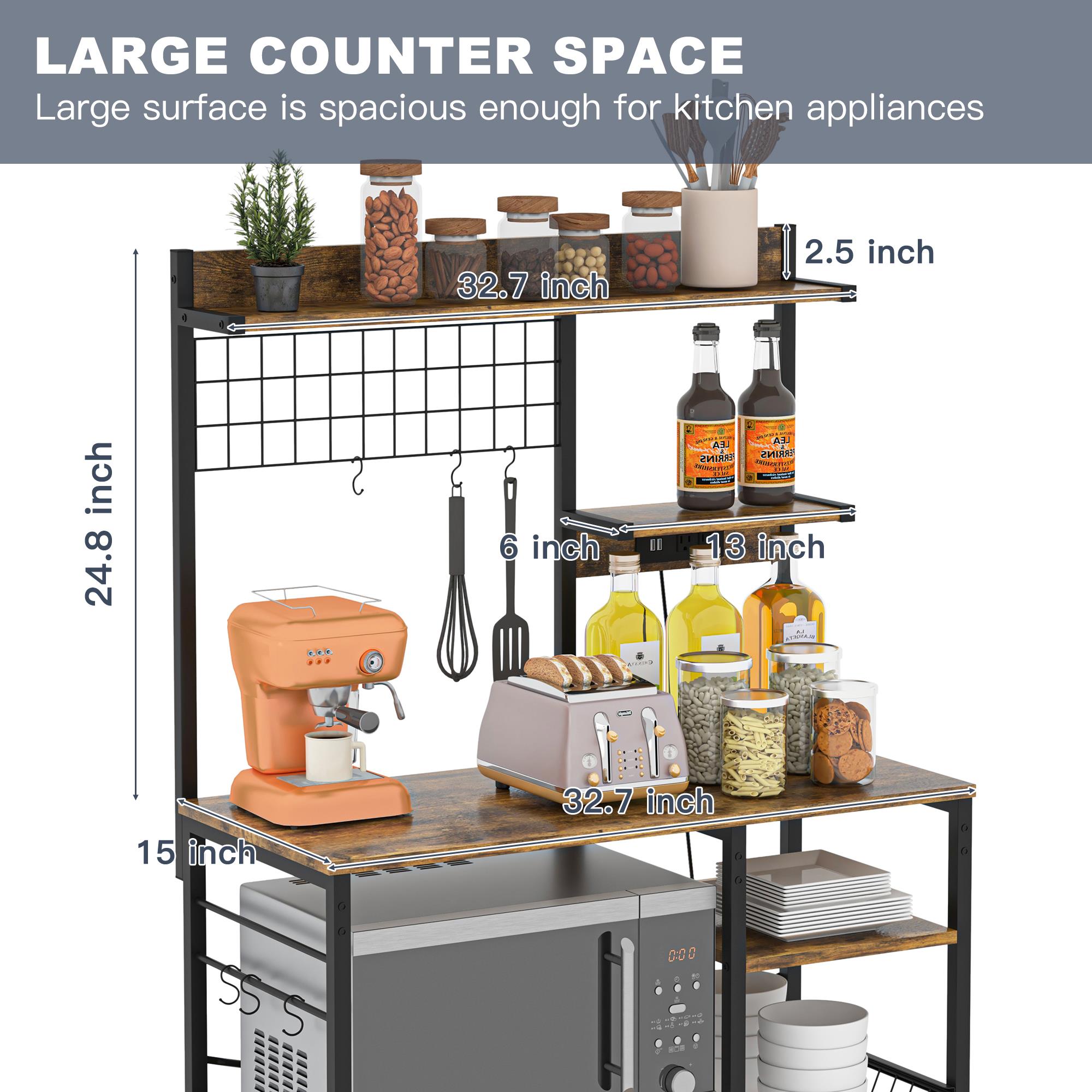 Finihen Large Bakers Rack with Power Outlets, 6-Tier Microwave Stand, Coffee Bar with 8 S-Shaped Hooks, Kitchen Shelf with Wire Basket, Brown