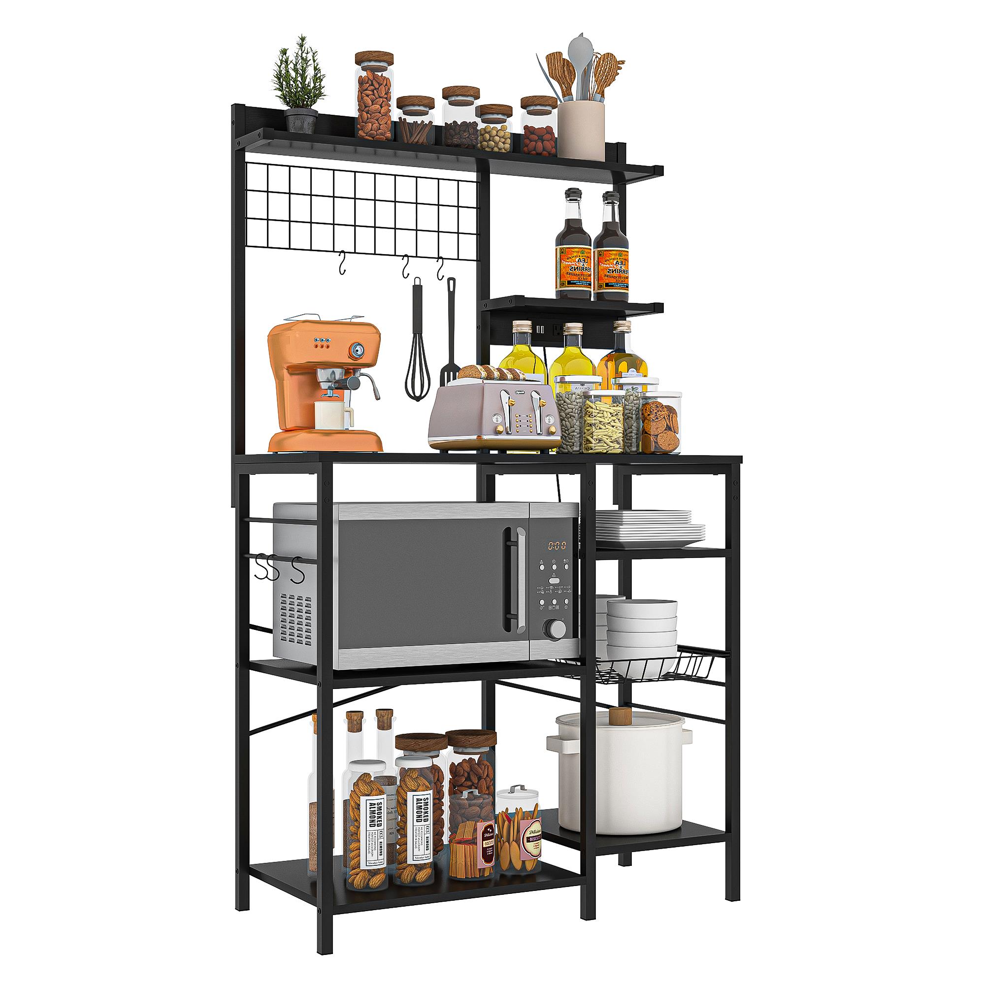 Finihen Large Bakers Rack with Power Outlets, 6-Tier Microwave Stand, Coffee Bar with 8 S-Shaped Hooks, Kitchen Shelf with Wire Basket, Black