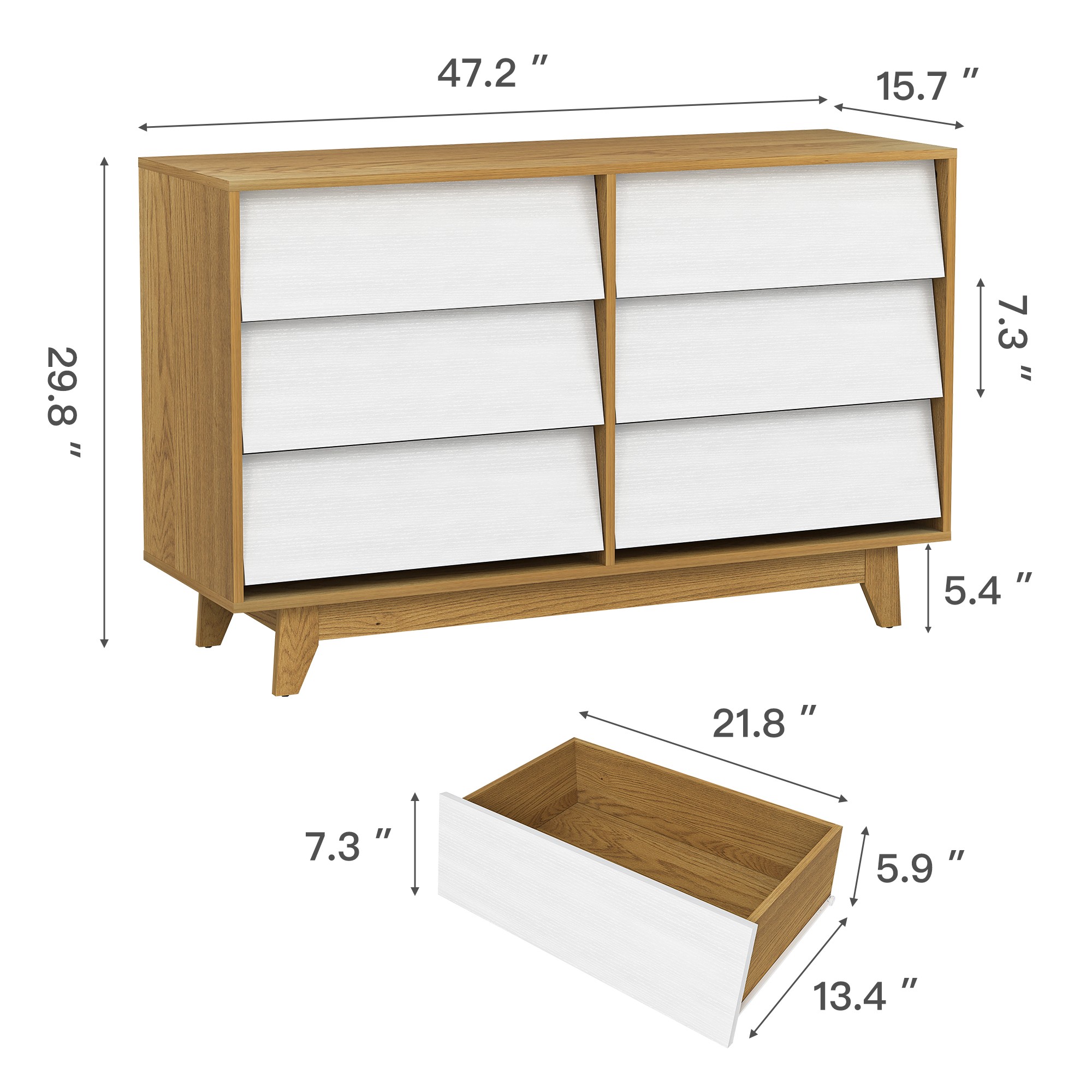 Finihen 6 Drawer Double Dresser Features Vintage-style and Bevel Design, Dresser For Nursery, Kids, Chest Of Drawers, White+Beige