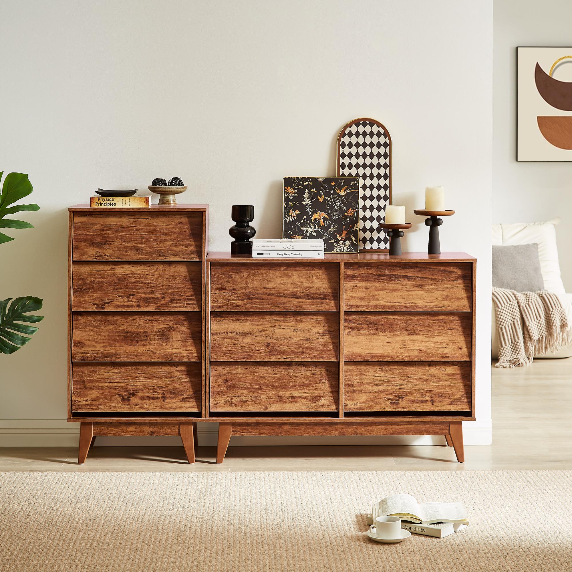 Finihen 6 Drawer Double Dresser Features Vintage-style and Bevel Design, Dresser For Nursery, Kids, Chest Of Drawers, Brown