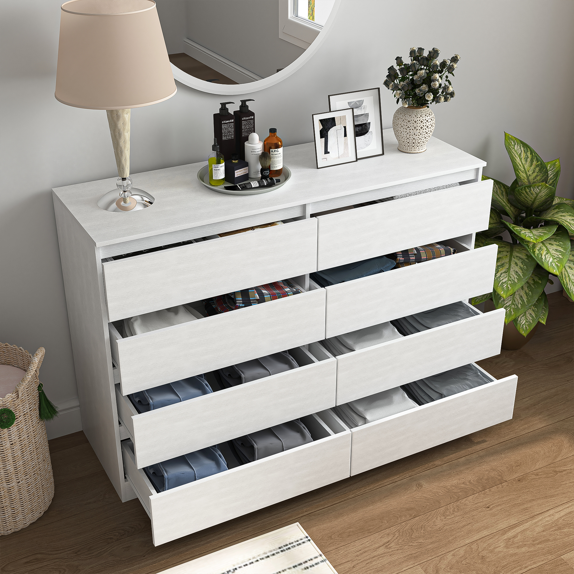 Finihen 8 Drawer Double Dresser, Modern 8 Chest of Drawers with Deep Drawers, Wide Storage Organizer Cabinet for Living Room, Kids, White