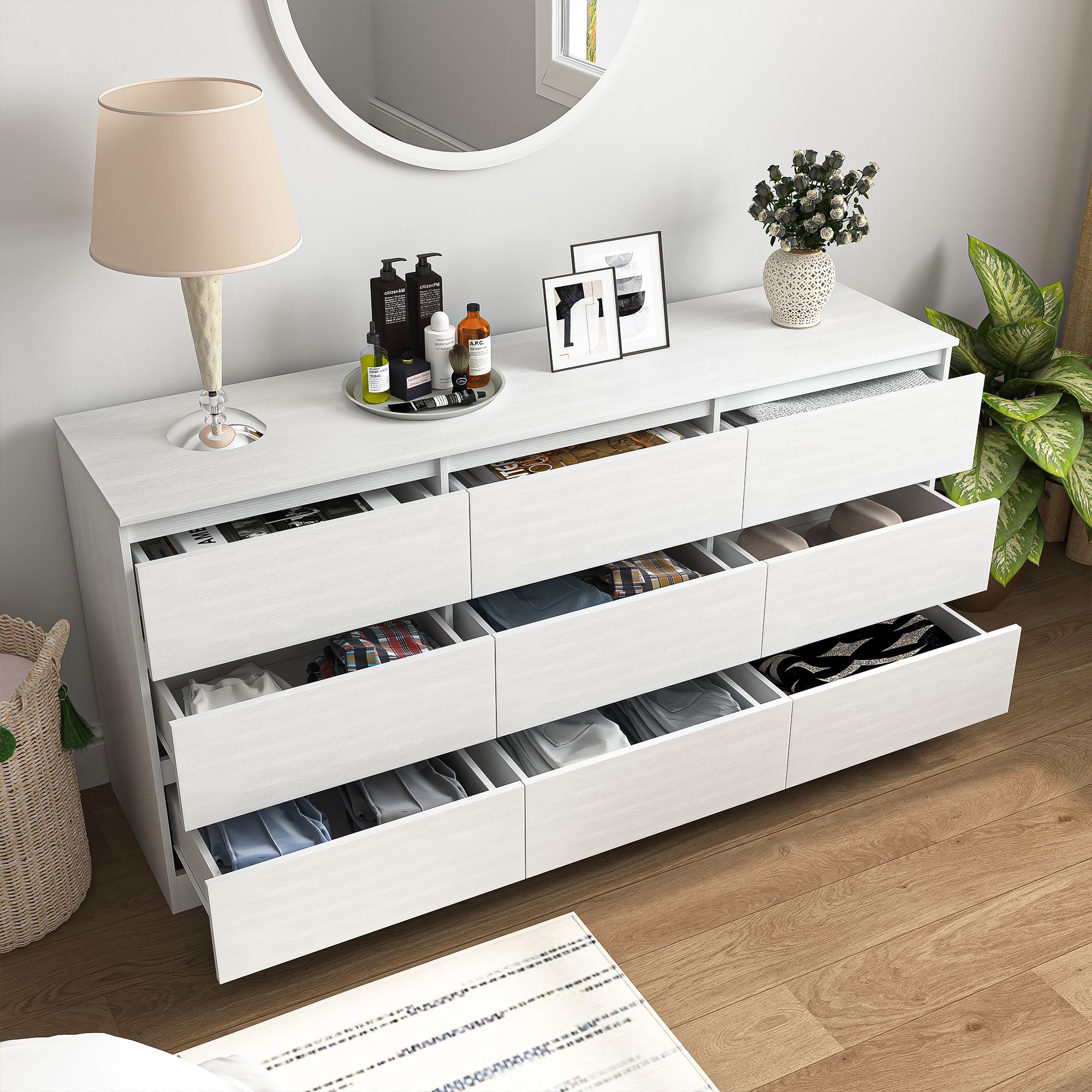 Finihen 9 Drawer Double Dresser, Modern 9 Chest of Drawers with Deep Drawers, Wide Storage Organizer Cabinet for Living Room, Kids, White